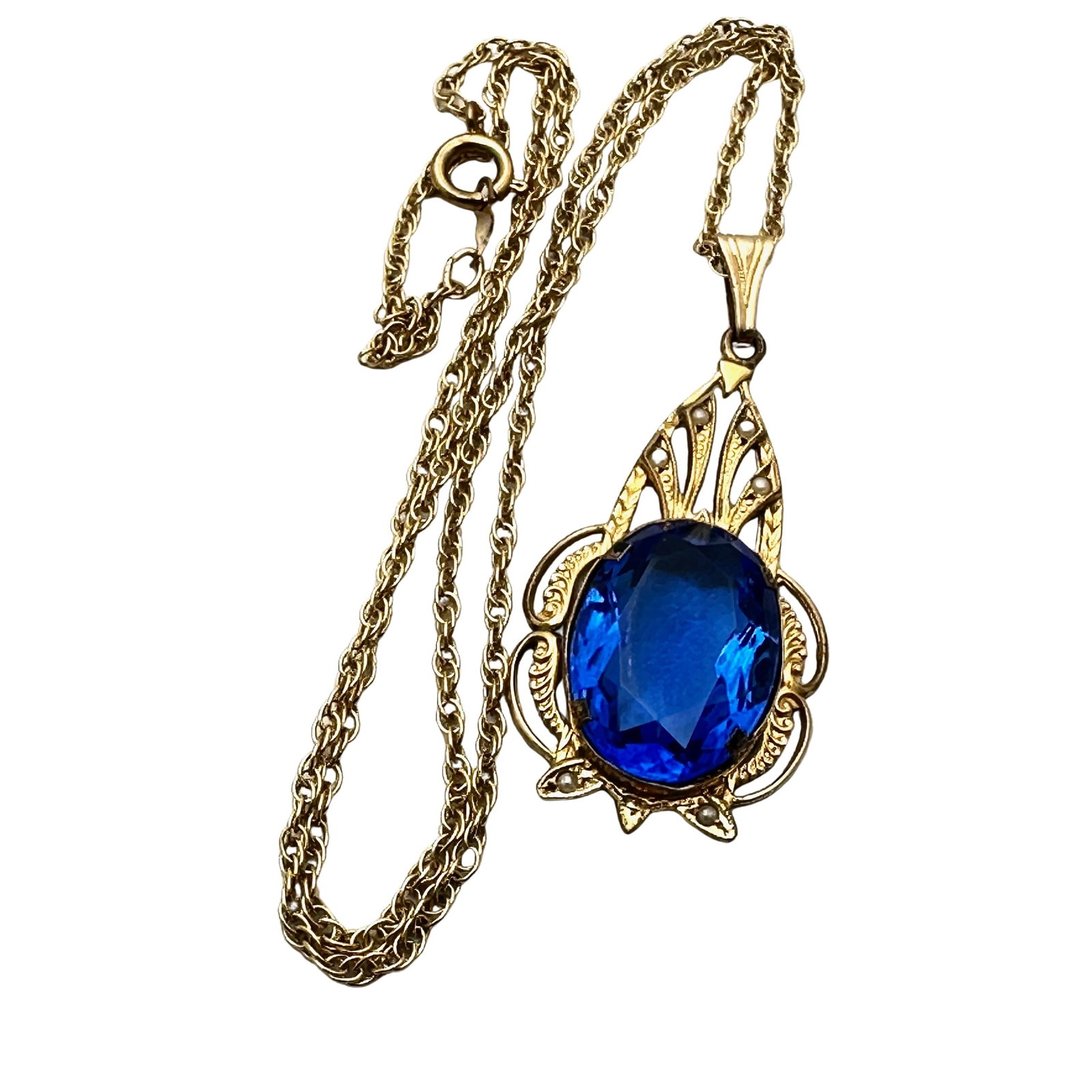 Vintage Art Deco 12K Gold Filled Necklace Blue Czech Glass Filigree 2 Inch Pendant 17 Inch Chain: Vintage Art Deco 12K Gold Filled Necklace Blue Czech Glass Filigree 2 Inch Pendant 17 Inch Chain