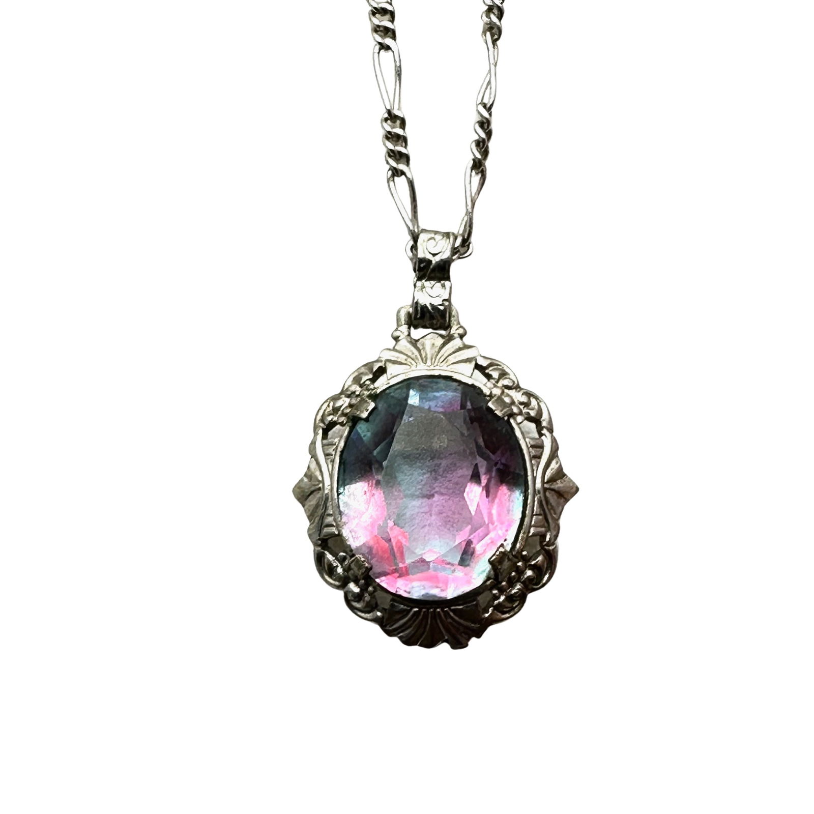 Vintage Antique Rainbow Glass Pendant Necklace Silver Tone 18 Inch Chain (1 of 2)