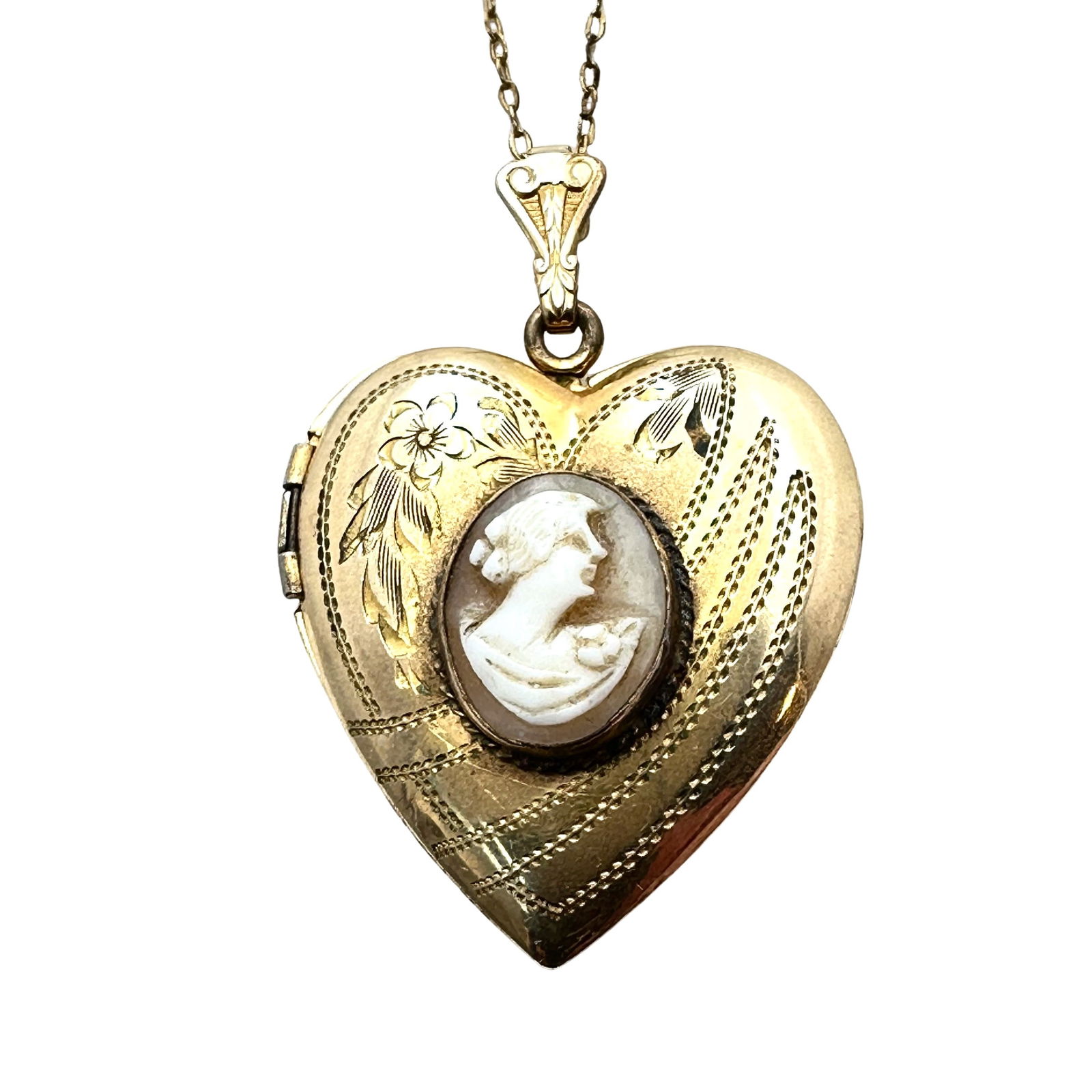 Antique Vintage 12K Gold Filled Shell Cameo Heart Locket 1.5 Inch Pendant 17 Inch Chain (1 of 2)