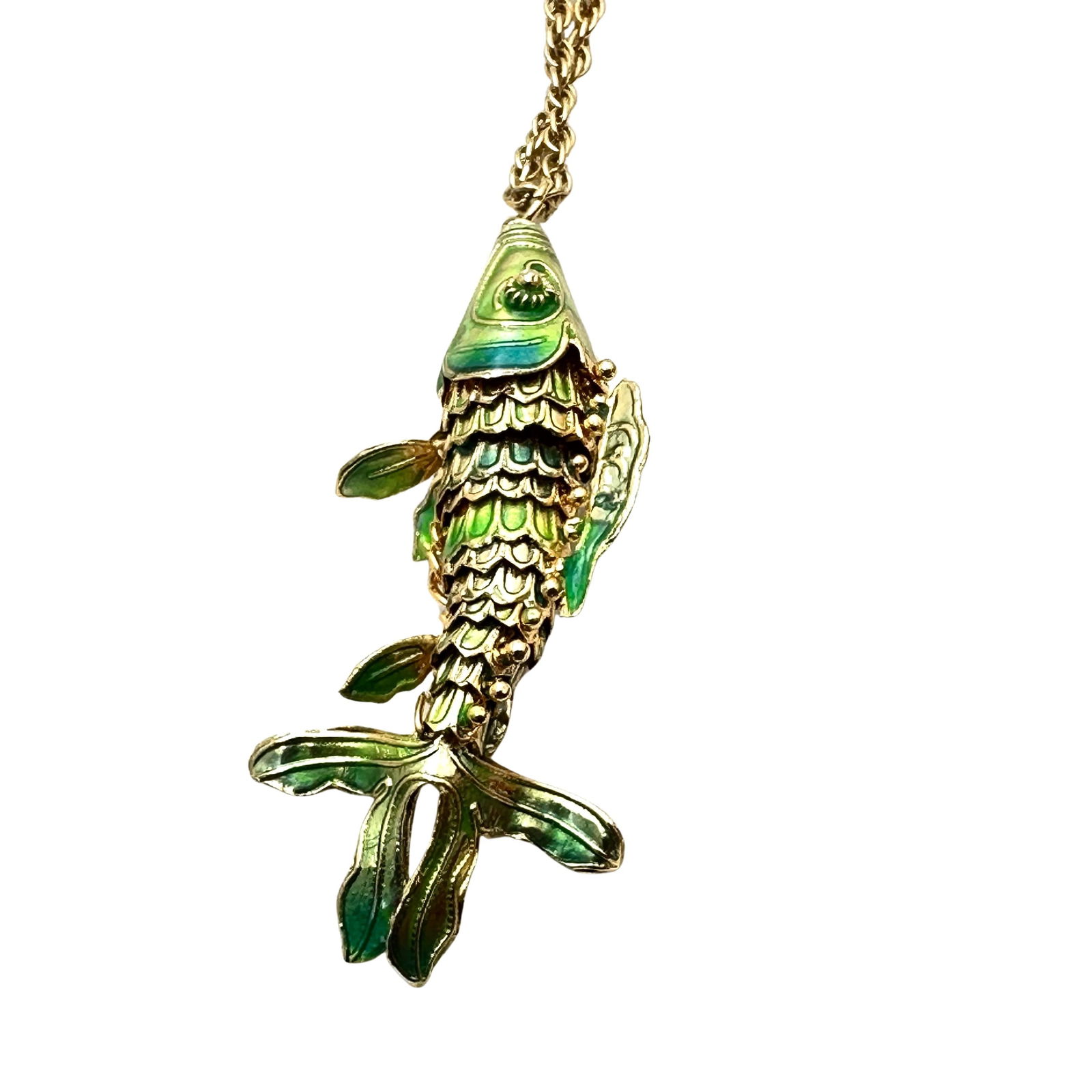 Vintage Chinese Export Enamel Cloisonne Green Gold Tone Fish Pendant necklace 22 Inch Chain: Vintage Chinese Export Enamel Cloisonne Green Gold Tone Fish Pendant necklace 22 Inch Chain