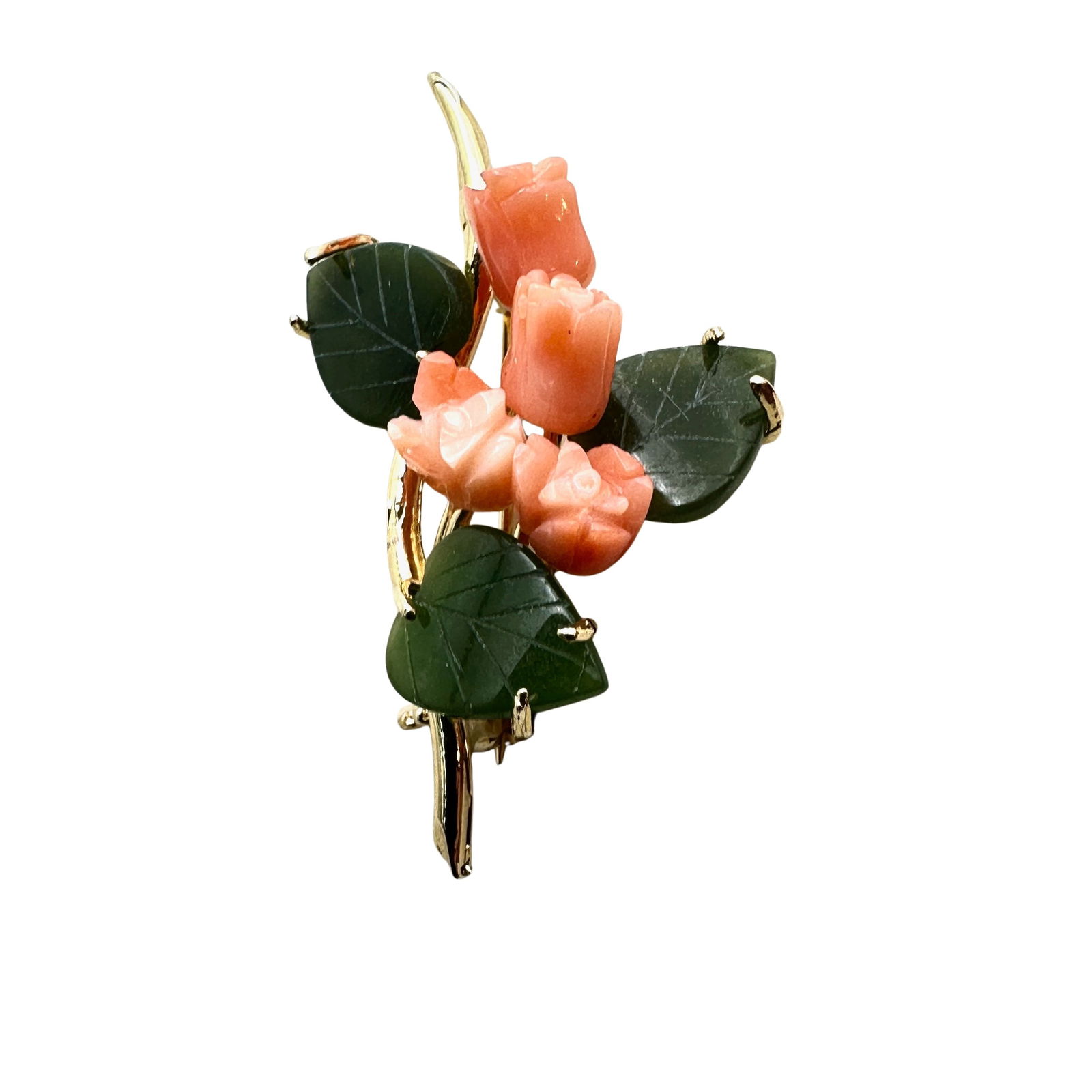 Vintage Green Jade Angel Skin Coral Gold Tone Brooch Pin 1.5 Inch: Vintage Green Jade Angel Skin Coral Gold Tone Brooch Pin 1.5 Inch
