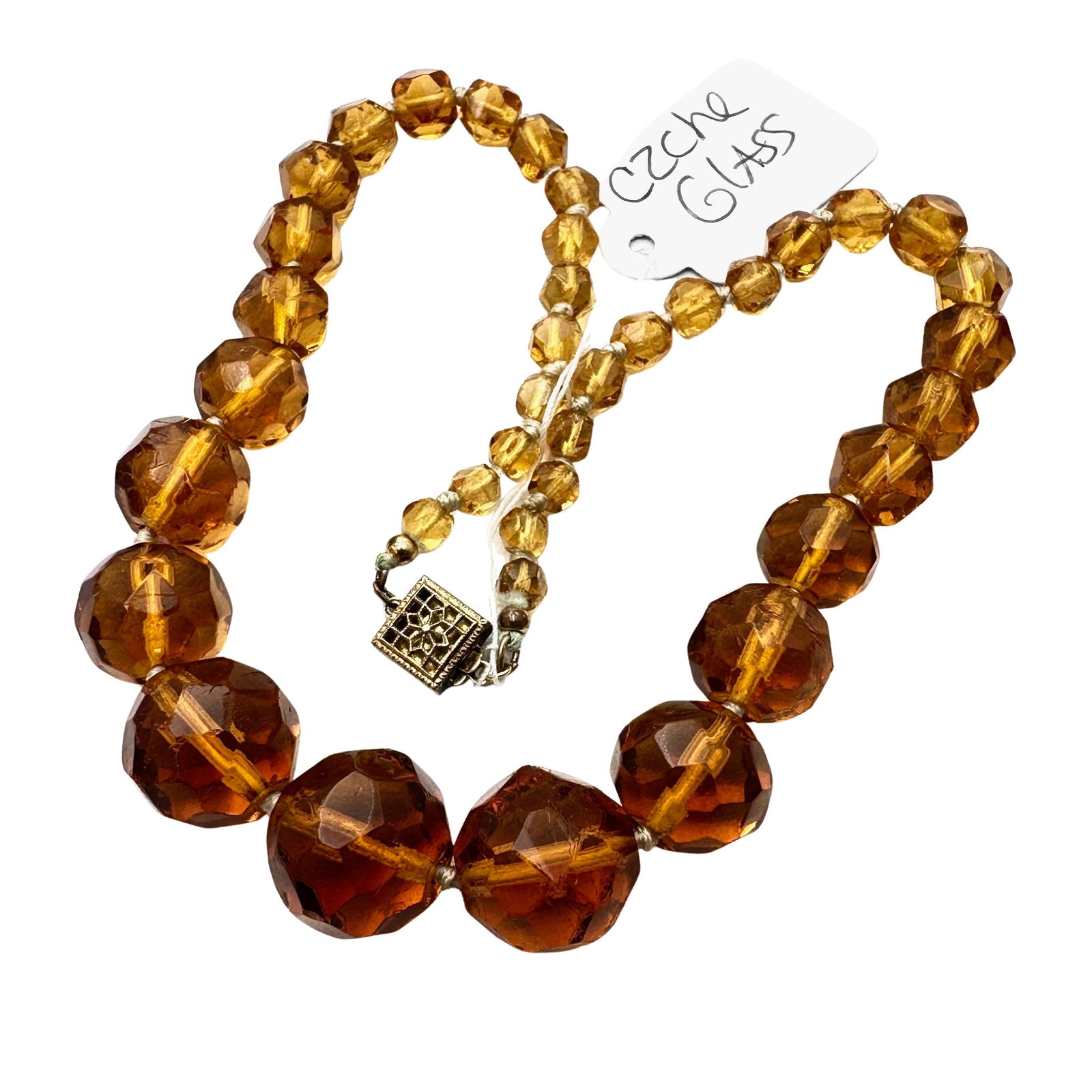 Antique Vintage Amber Colored Czech Glass Graduated Bead necklace 15 Inch: Antique Vintage Amber Colored Czech Glass Graduated Bead necklace 15 Inch