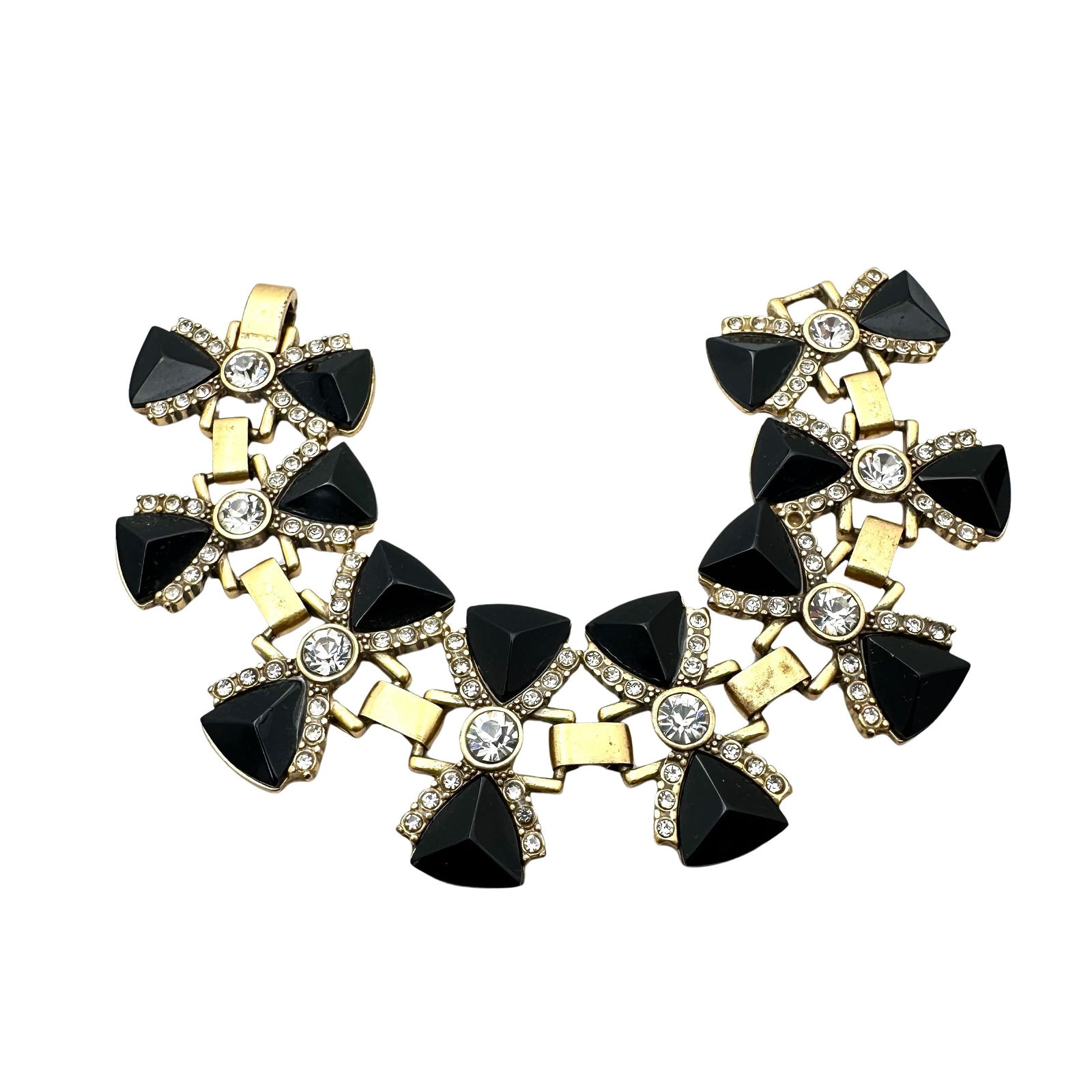 J Crew Black And Clear Crystal Antiqued Gold Tone Wide Statement Bracelet 7 Inch (1 of 2)