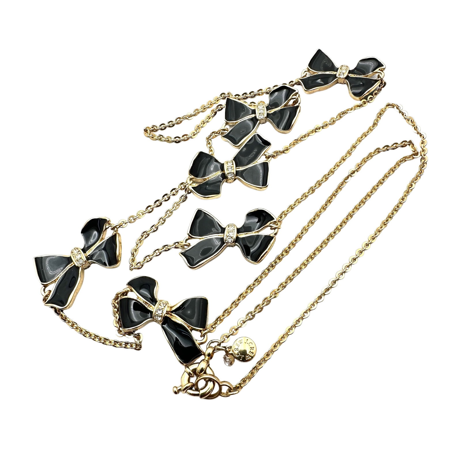 J Crew Black Enamel Bow Clear Crystal Station Necklace Gold Tone 32 Inch: J Crew Black Enamel Bow Clear Crystal Station Necklace Gold Tone 32 Inch