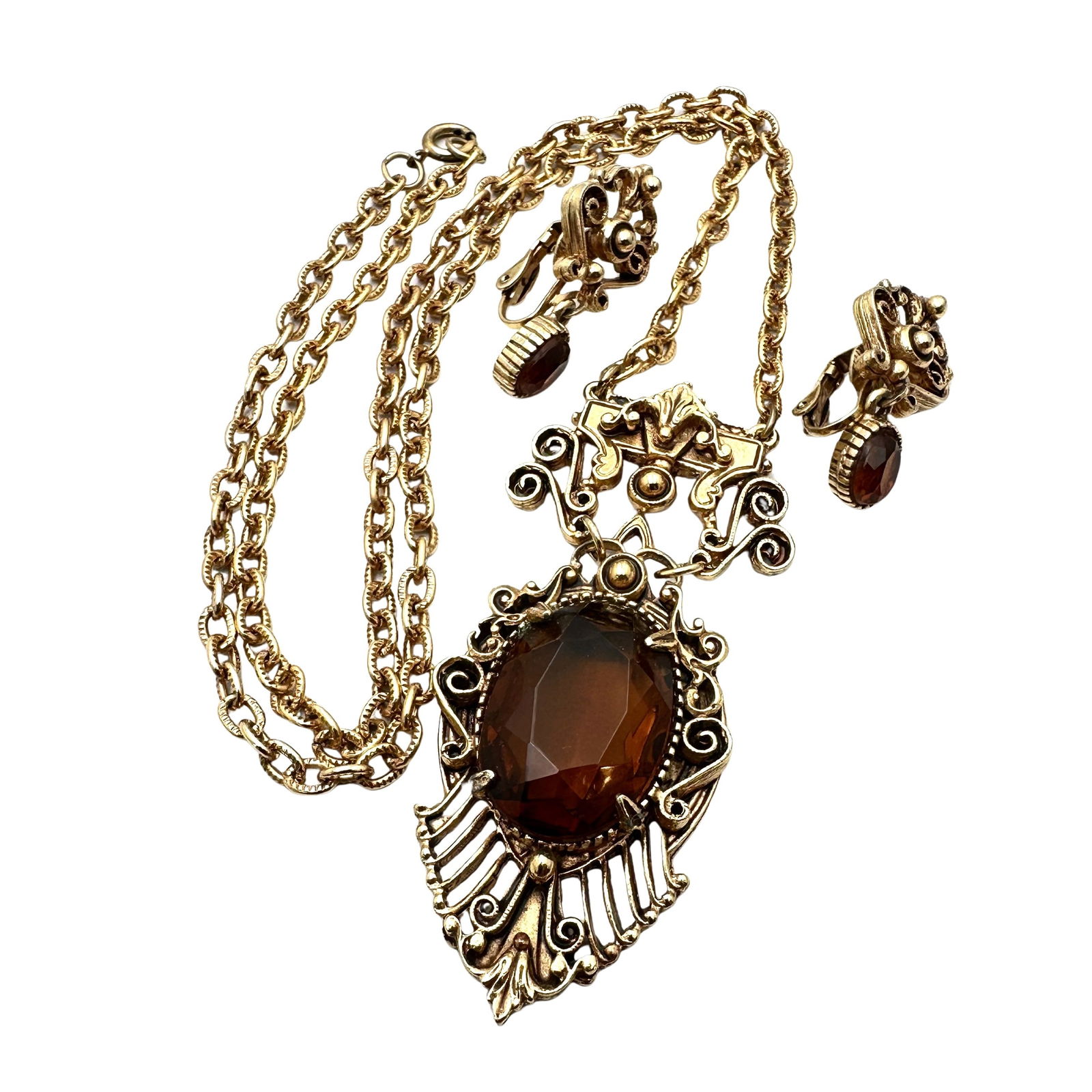 Vintage Amber Colored Glass Stone Victorian Revival Pendant 22 Inch Necklace Clip Earrings Set (1 of 2)