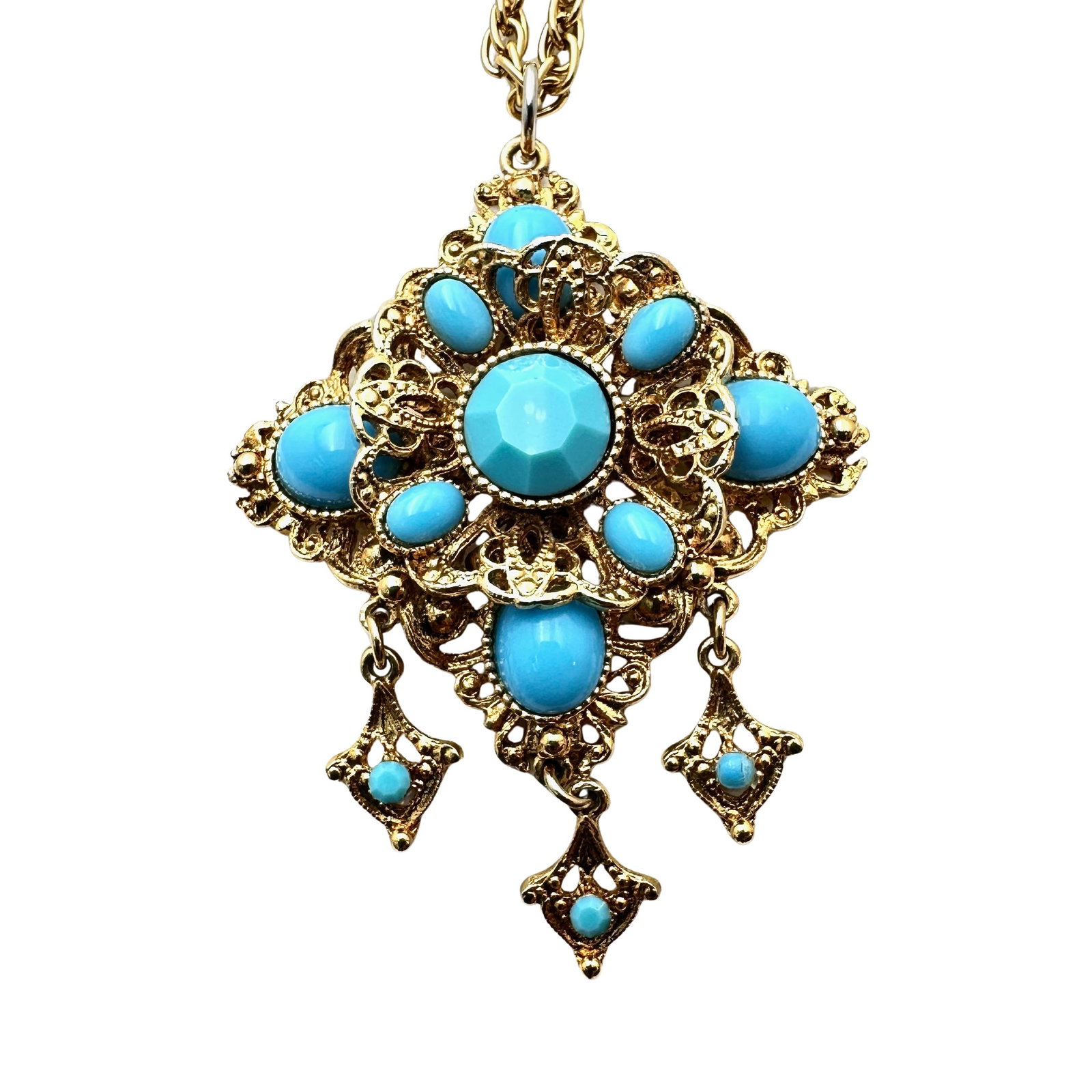 Vintage Turquoise Colored Glass Stones Gold Tone Pendant Necklace 22 Inch: Vintage Turquoise Colored Glass Stones Gold Tone Pendant Necklace 22 Inch