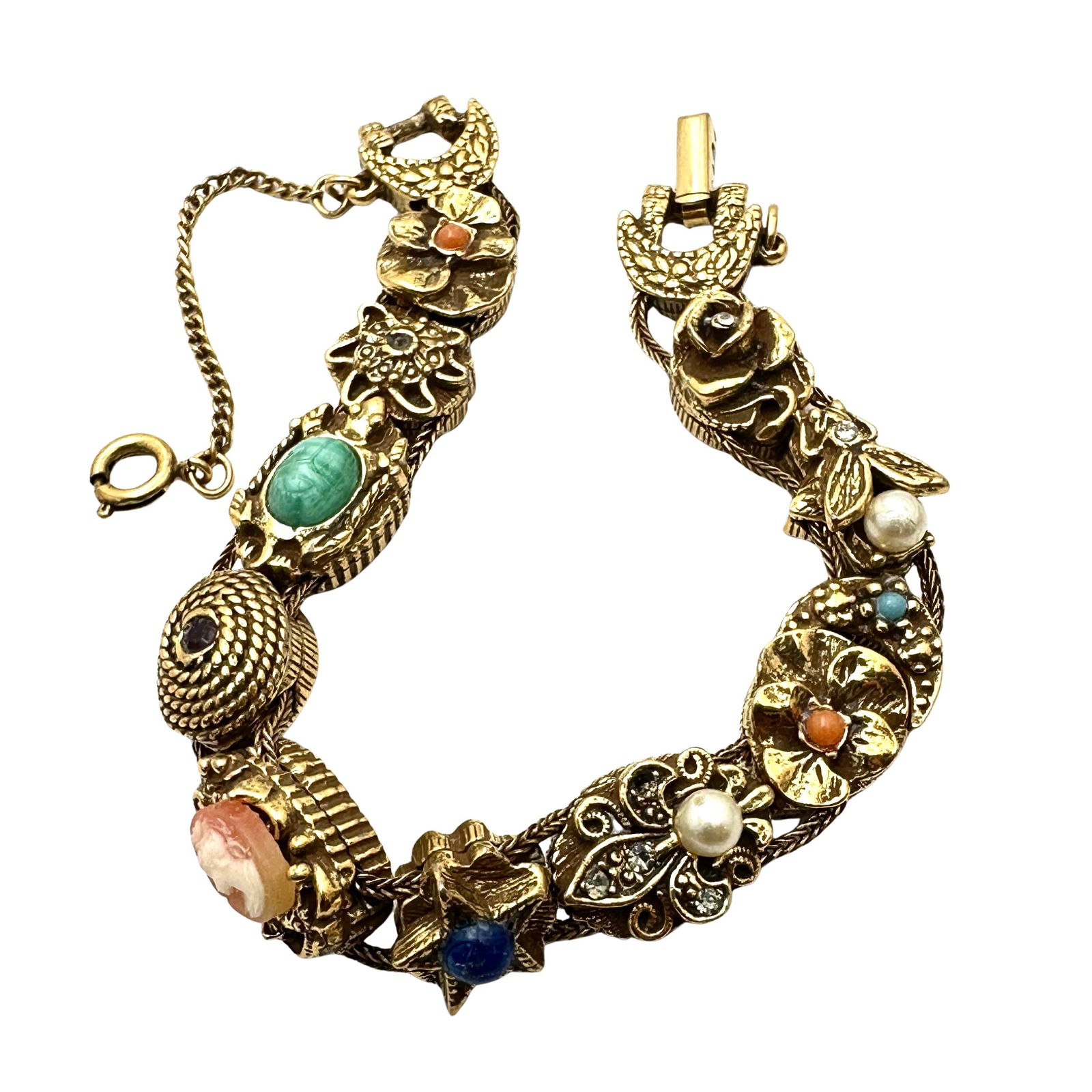 Vintage Goldette Slide Bracelet Gold Tone 7 Inch Bee Cameo Flower Moon Fleur De Lis (1 of 2)