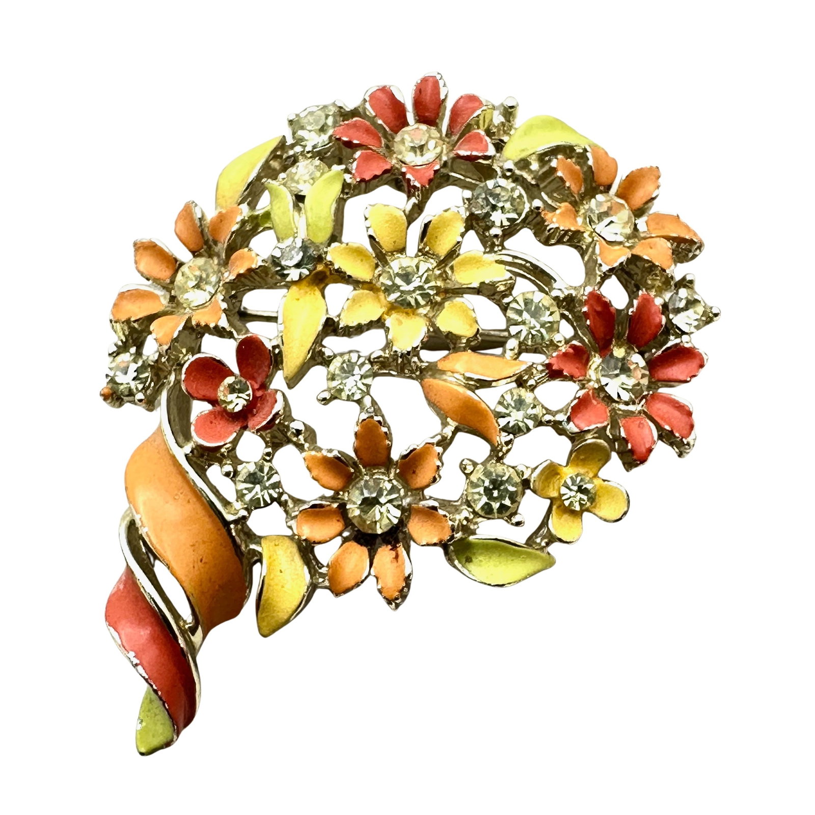 Vintage Lisner Flower Brooch Gold Tone Orange Yellow Pink Enamel Rhinestone 2 Inch: Vintage Lisner Flower Brooch Gold Tone Orange Yellow Pink Enamel Rhinestone 2 Inch