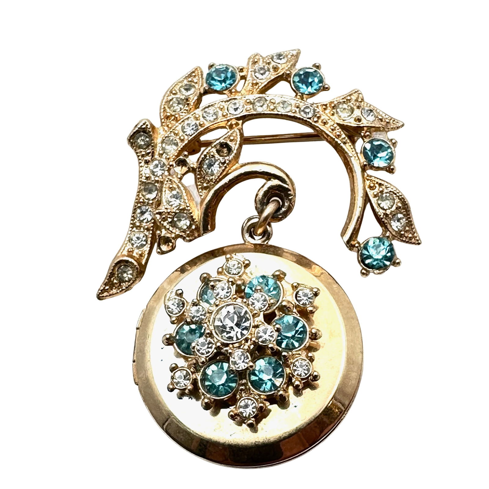 Vintage 1940s Era Gold Pot Metal Picture Locket Rhinestone Pin Brooch 2.5 Inch: Vintage 1940s Era Gold Pot Metal Picture Locket Rhinestone Pin Brooch 2.5 Inch