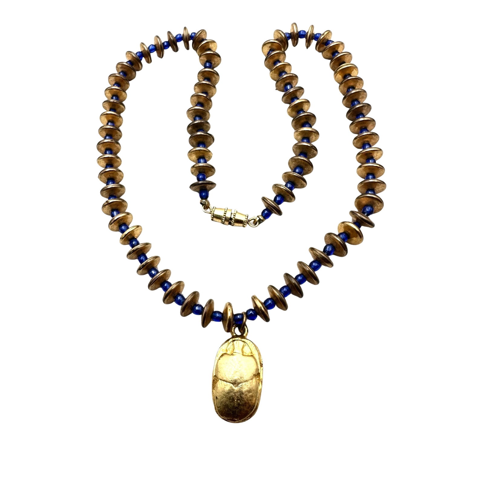 Vintage Egyptian Revival Matte Gold Tone Scarab Necklace Blue Glass Beads 16 Inch Length: Vintage Egyptian Revival Matte Gold Tone Scarab Necklace Blue Glass Beads 16 Inch Length