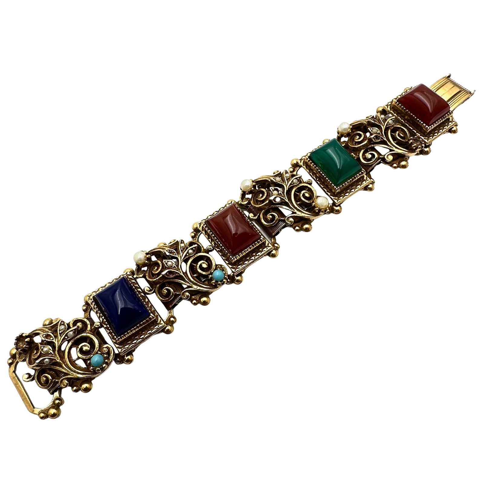 Antique Vintage Stunning Jewel Tone Czech Glass Gold Tone Book Chain Bracelet 7 Inch Heavy Quality (1 of 2)