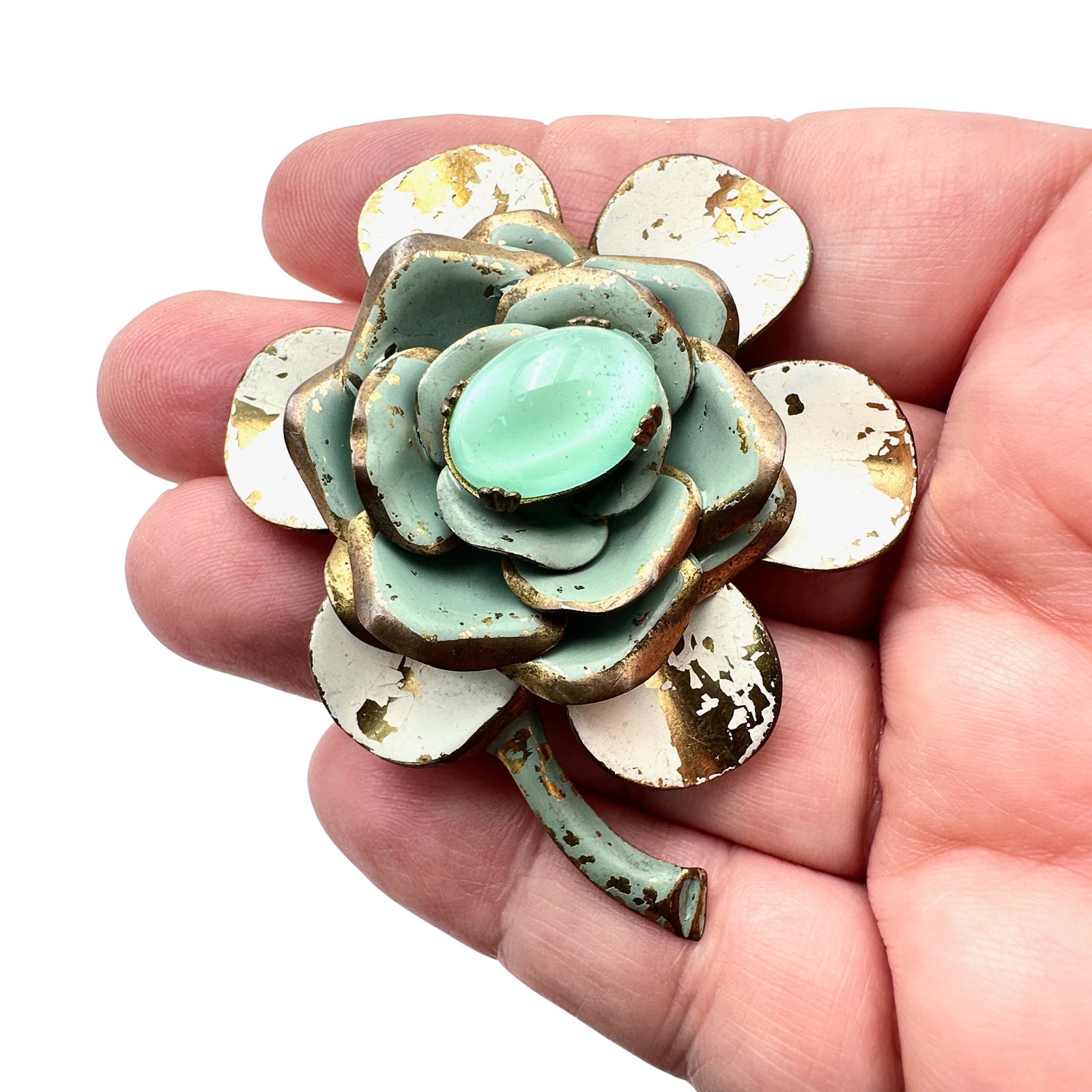 Antique Fur Dress Clip Unusual Green Cats Eye Glass Stone Flower Design Enamel 2.5 Inch: Antique Fur Dress Clip Unusual Green Cats Eye Glass Stone Flower Design Enamel 2.5 Inch