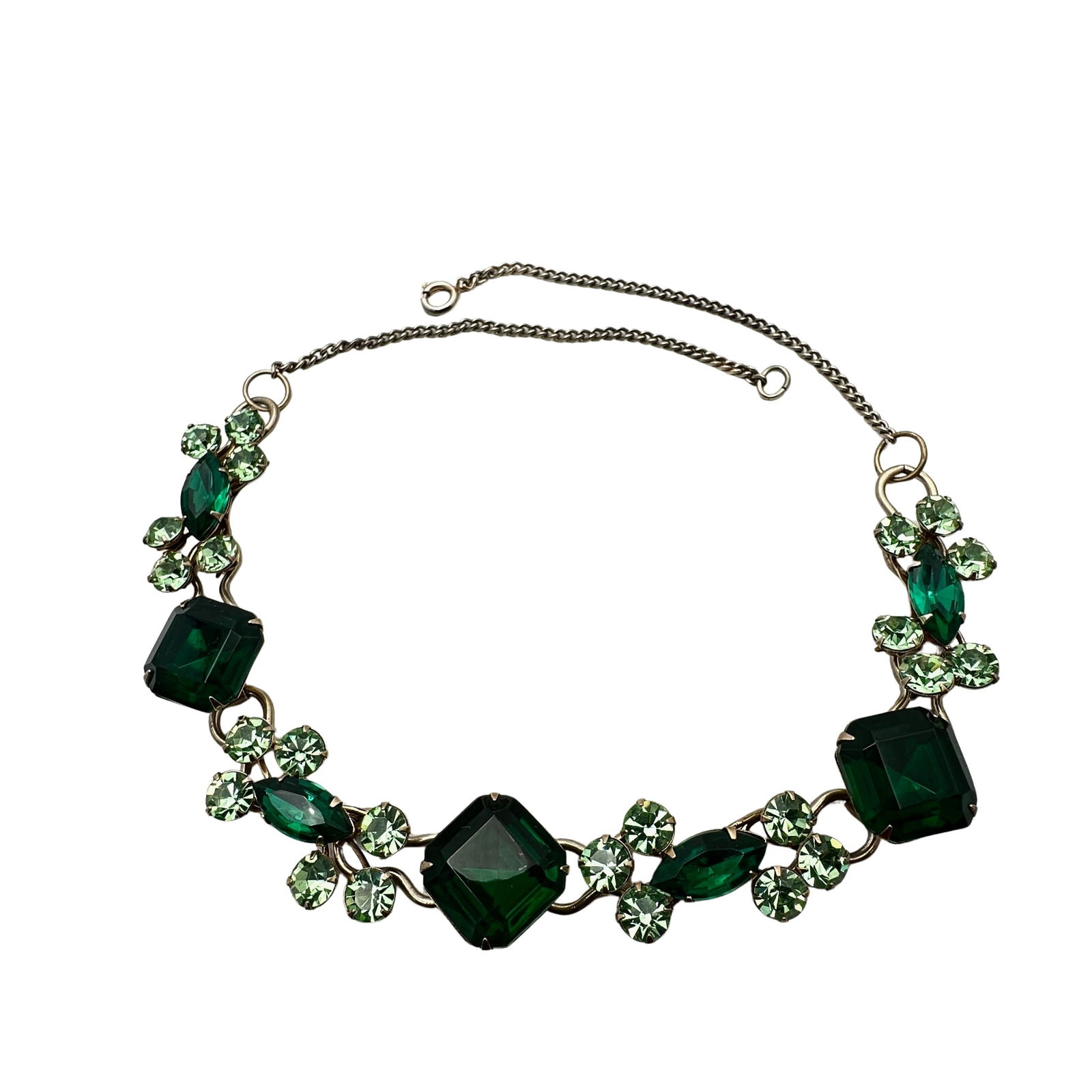 Vintage Light Dark Green Glass Rhinestone Gold Tone 16 Inch Necklace: Vintage Light Dark Green Glass Rhinestone Gold Tone 16 Inch Necklace