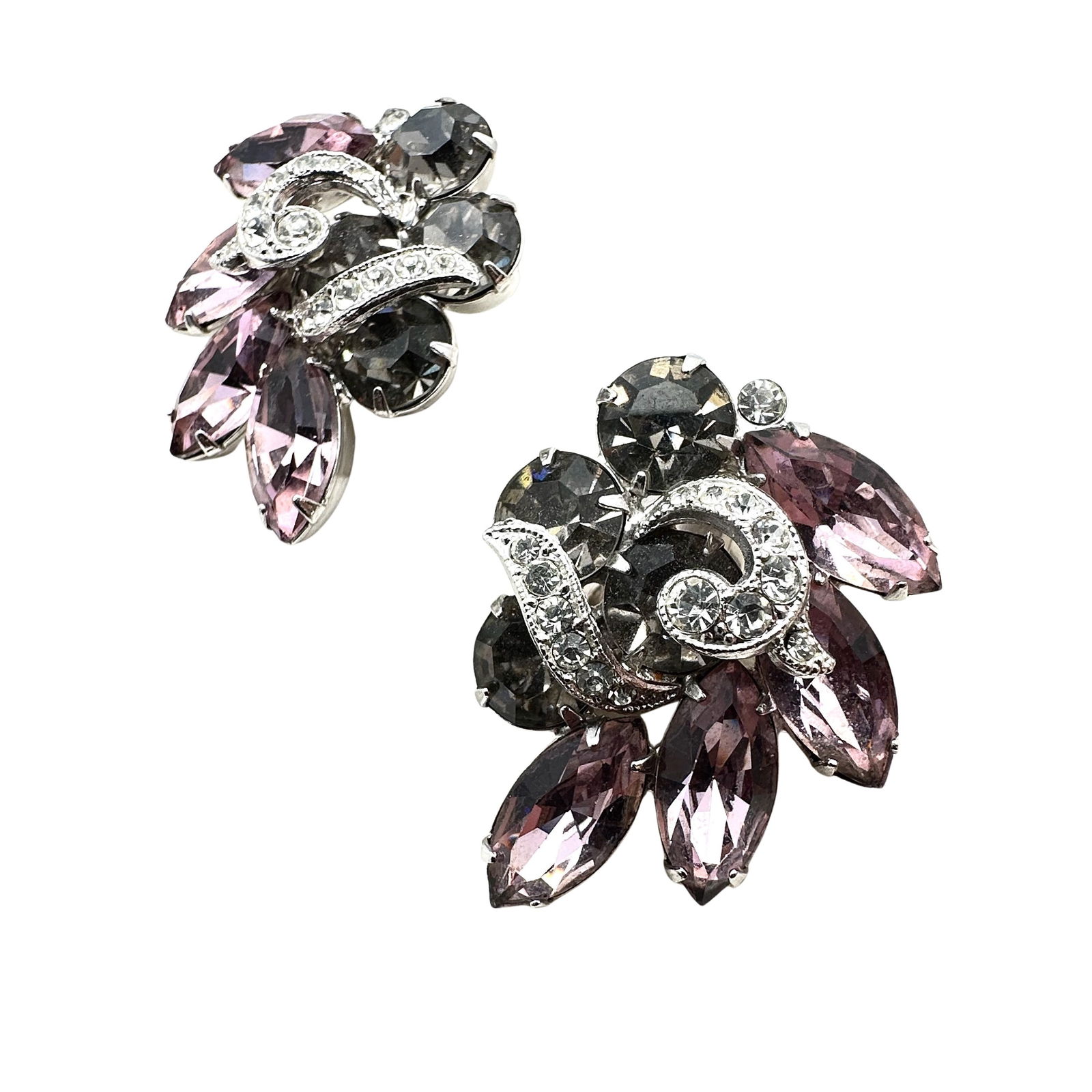Vintage Eisenberg Purple Grey Clear Rhinestone Silver Tone Earrings Clip 1.5 Inch Pristine Condition (1 of 2)