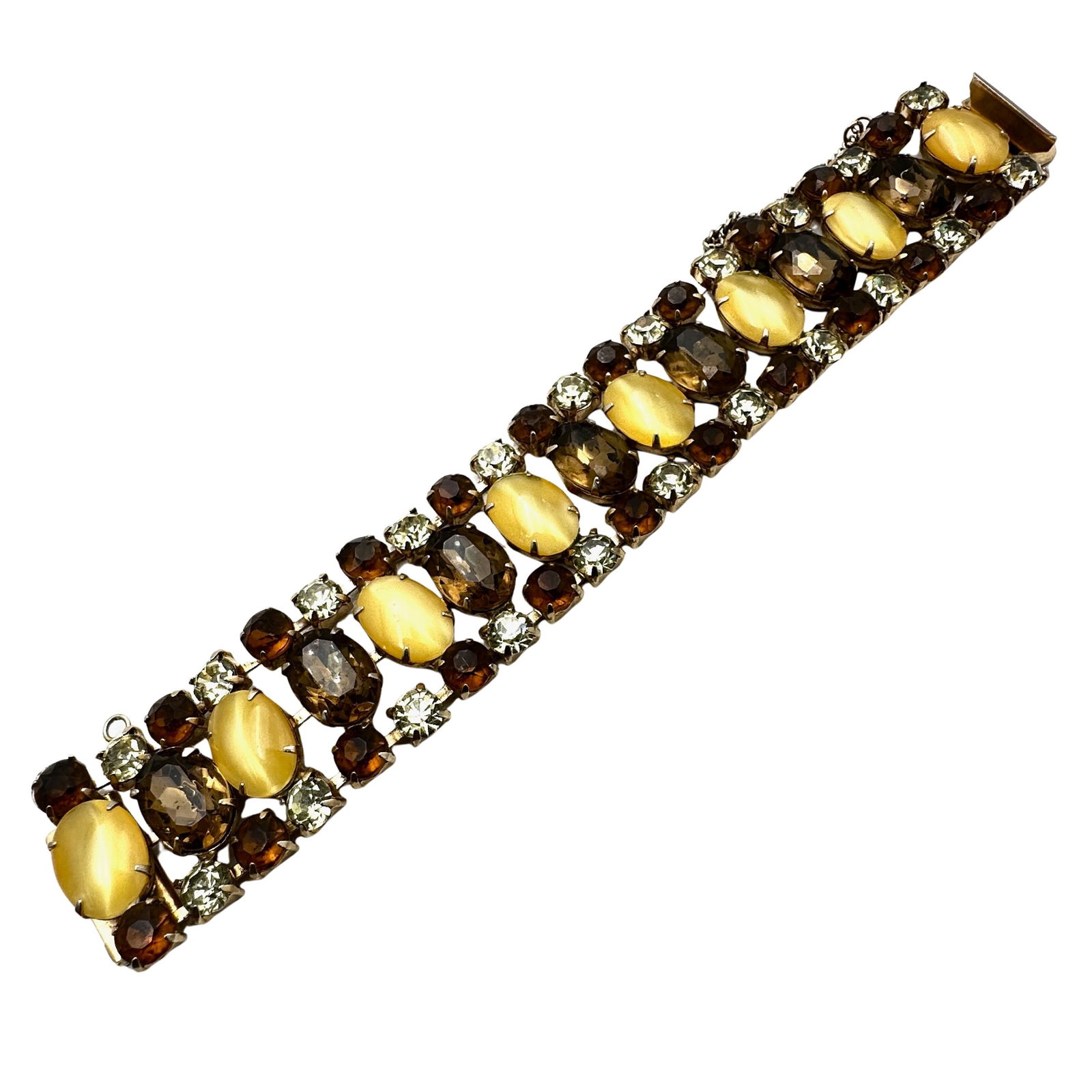 Vintage Yellow Cats Eye Glass Amber Rhinestone Gold Tone 7 Inch Bracelet (1 of 2)