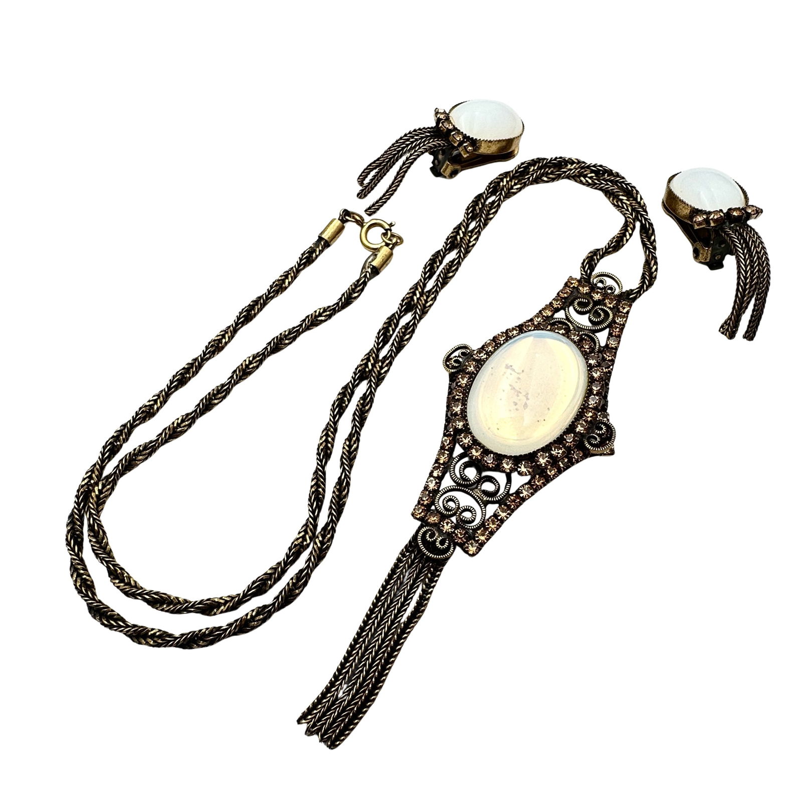 Vintage Antiqued Gold Tone Amber White Glass Rhinestone Necklace Clip Earrings Set: Vintage Antiqued Gold Tone Amber White Glass Rhinestone Necklace Clip Earrings Set