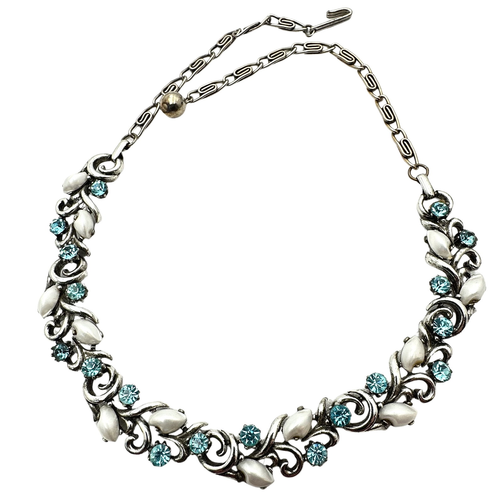 Vintage Blue Rhinestone White "Baby Teeth" Stones Silver Tone Necklace 16 Inch: Vintage Blue Rhinestone White "Baby Teeth" Stones Silver Tone Necklace 16 Inch