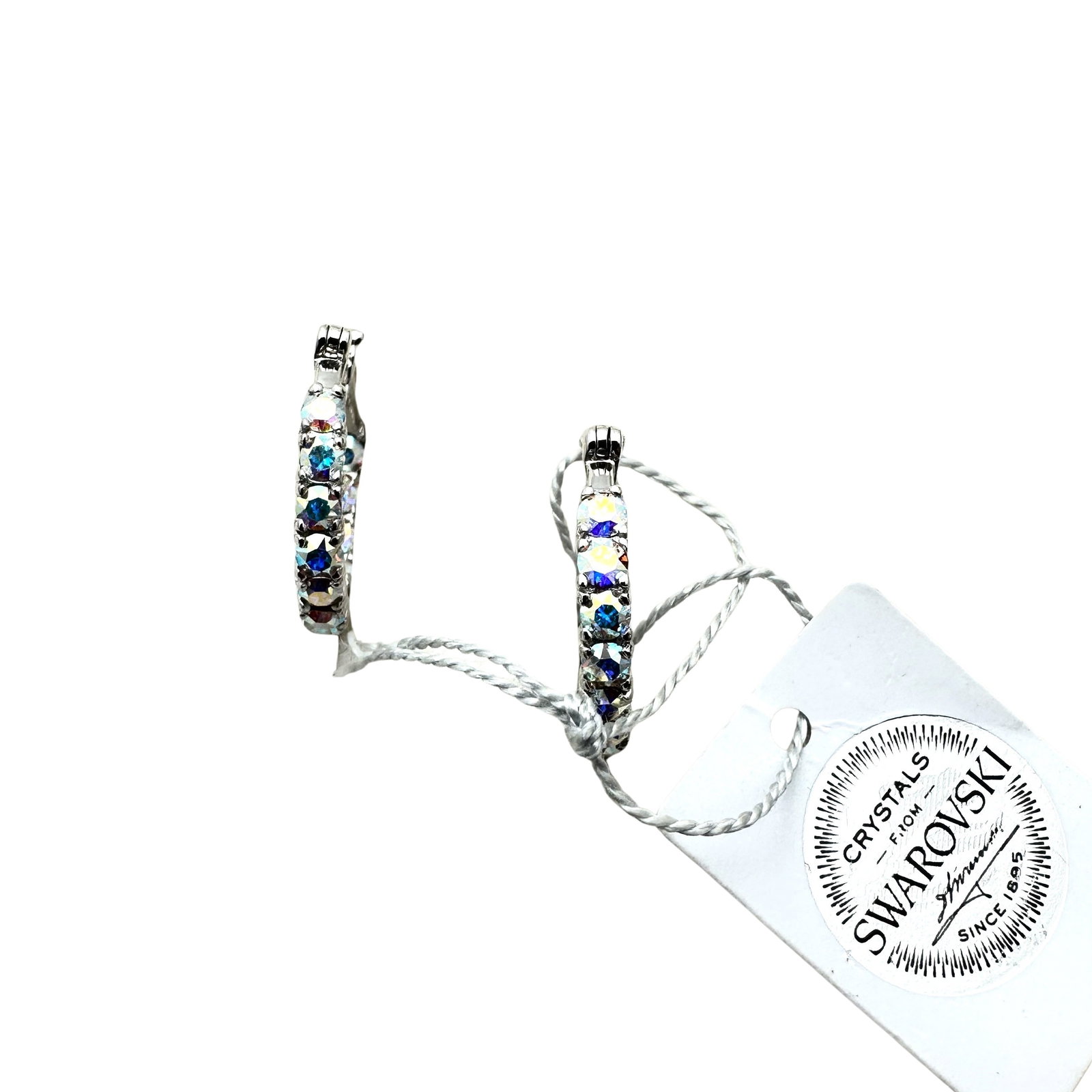 Swarovski Crystal Aurora Borealis Silver Tone 1 Inch Pierced Hoop Earrings Original Tag: Swarovski Crystal Aurora Borealis Silver Tone 1 Inch Pierced Hoop Earrings Original Tag