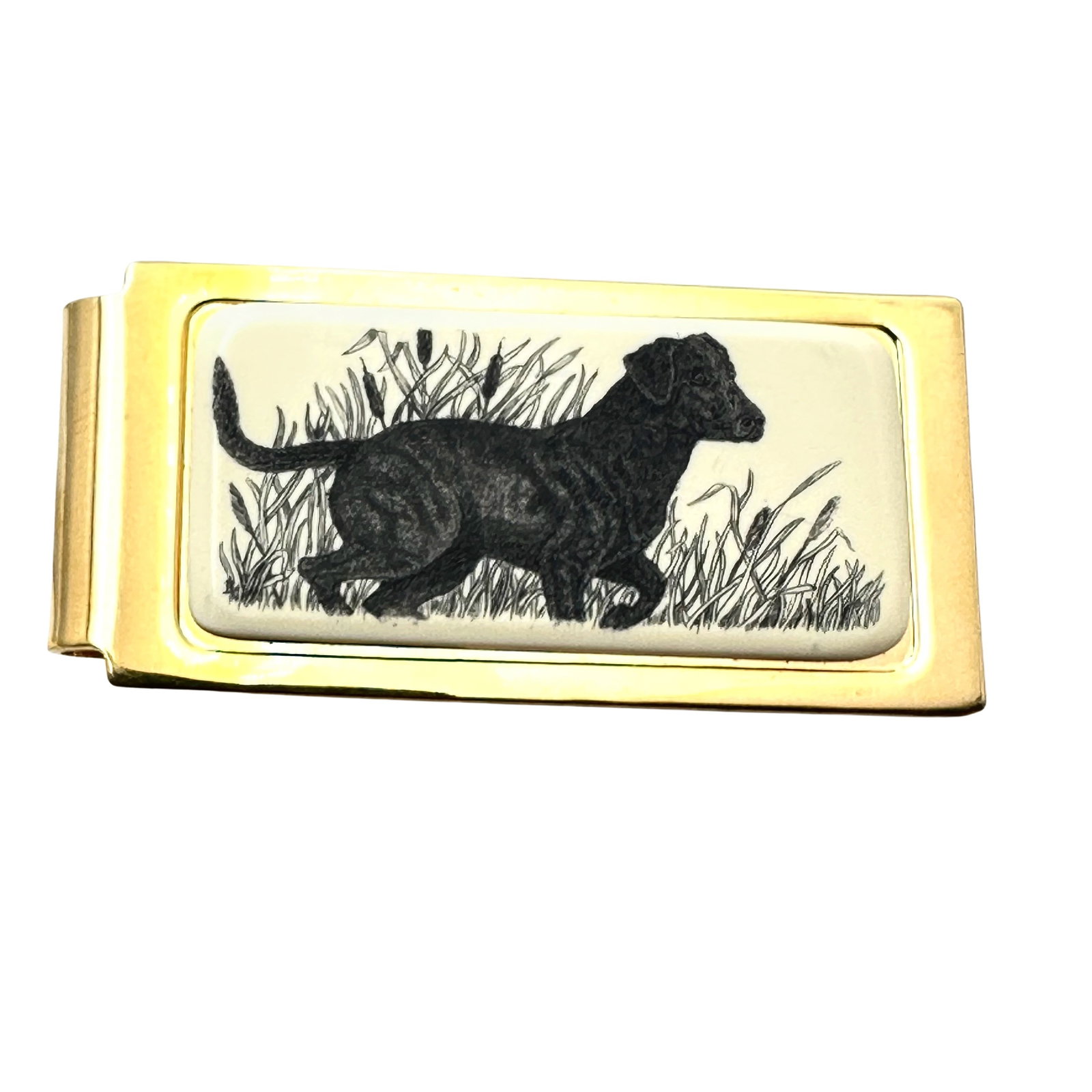 Vintage Barlow Scrimshaw Dog Retriever Gold Tone Money Clip: Vintage Barlow Scrimshaw Dog Retriever Gold Tone Money Clip