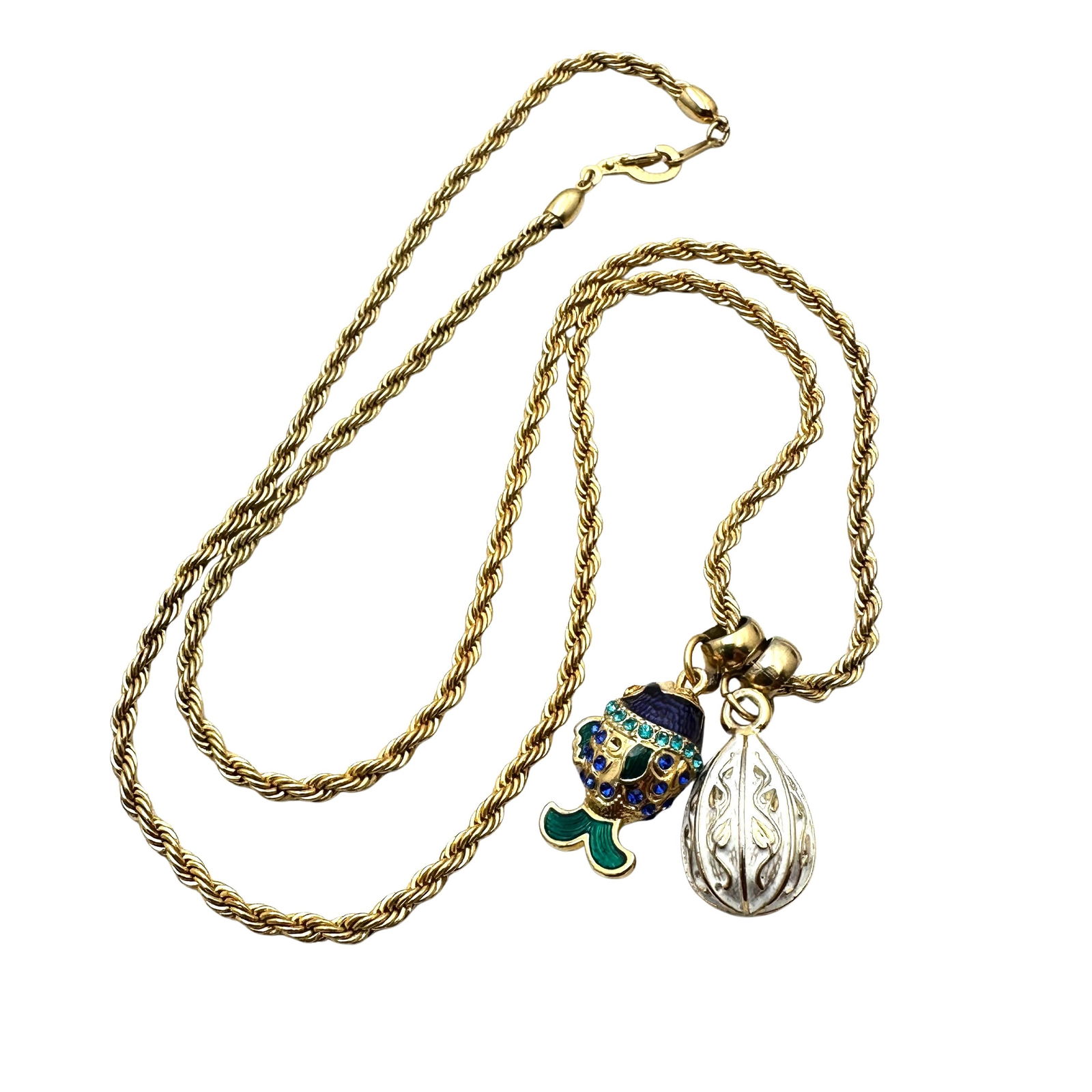 Vintage Enamel Charm Necklace Egg Fish Pendant Gold Tone Chain 22 Inch (1 of 2)