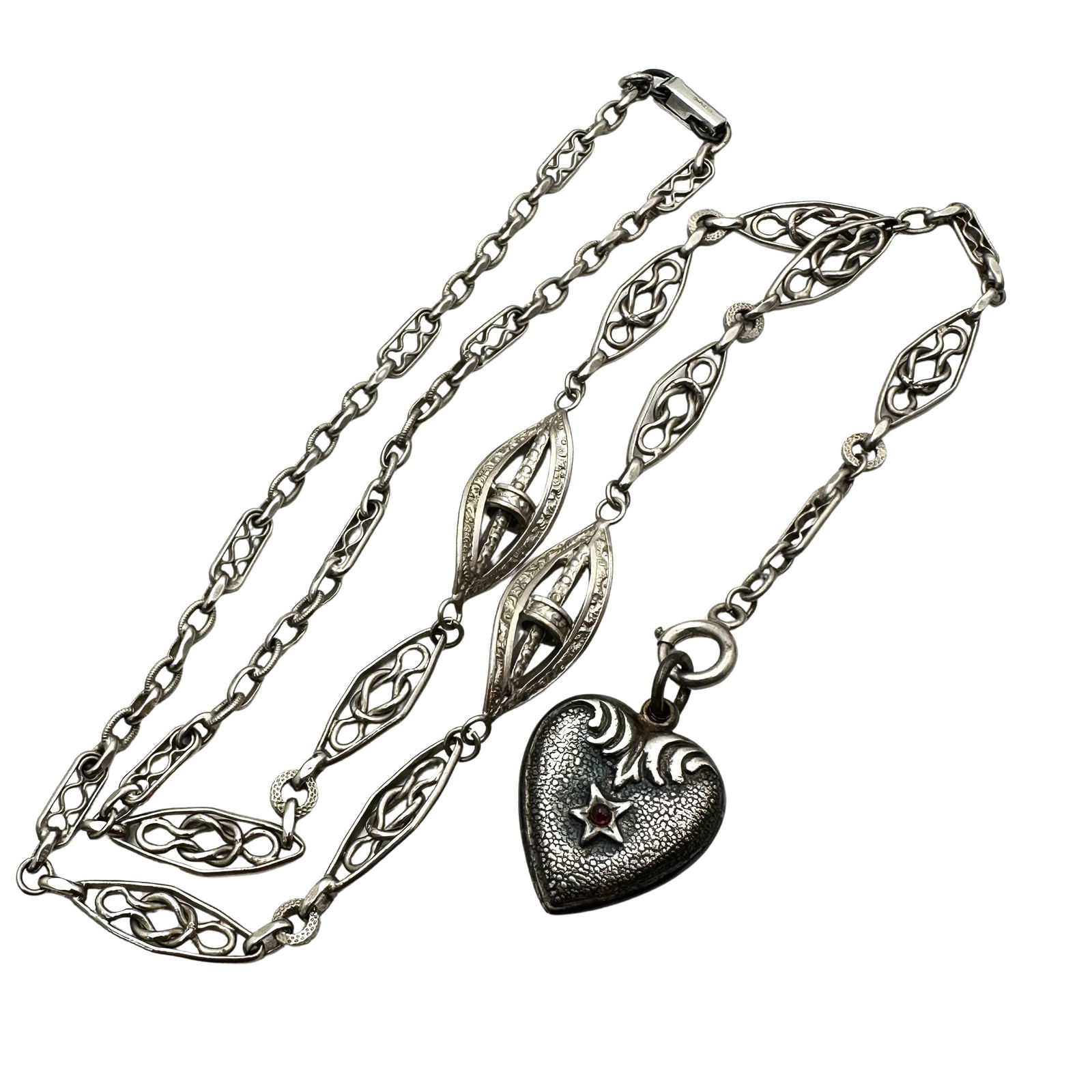 Antique Sterling Silver Puffy Heart Charm Fancy Chain Pendant Necklace 20 Inch 22 Grams (1 of 2)