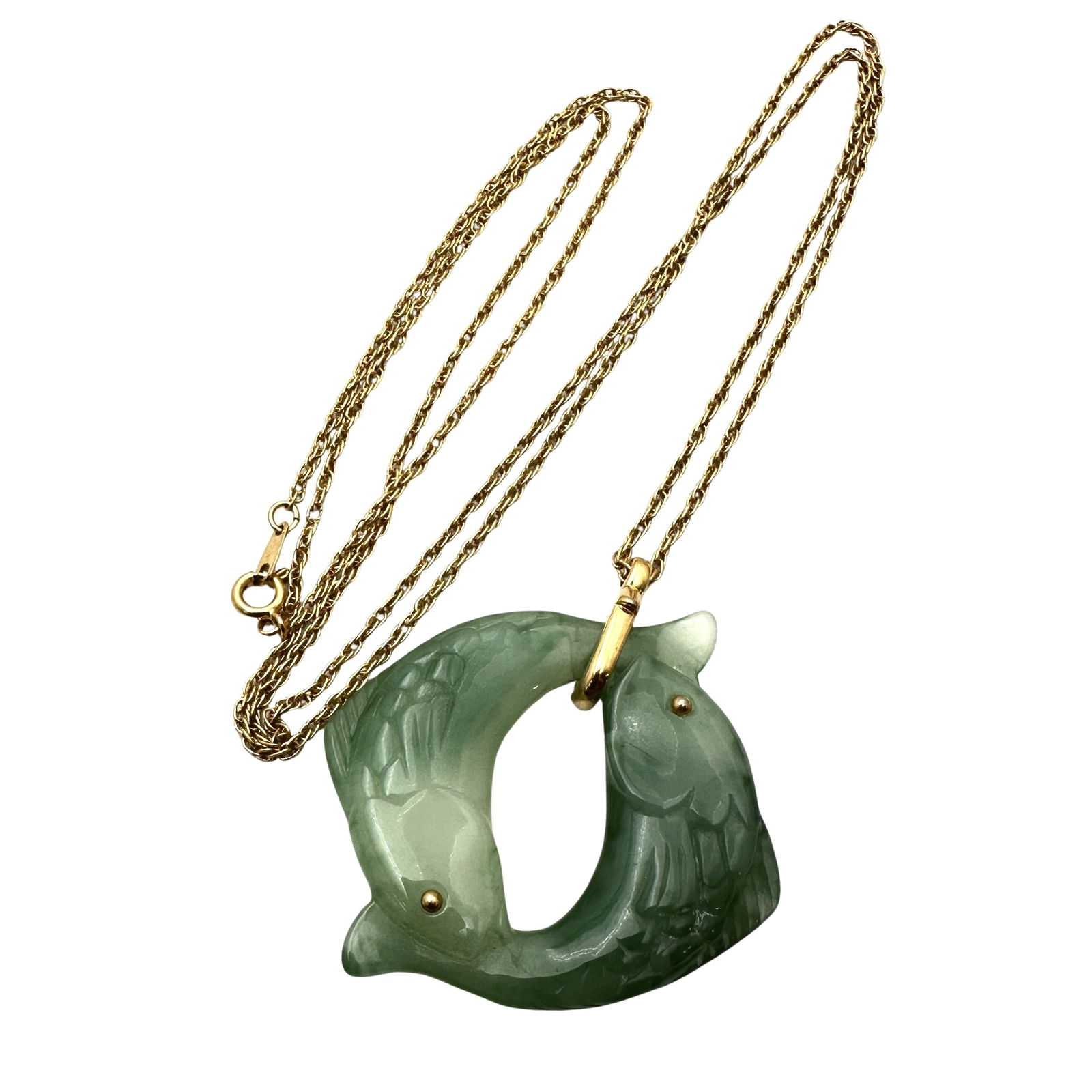 Vintage Trifari Faux Jade Fish Horoscope Pisces Pendant Necklace 28 Inch Chain (1 of 2)