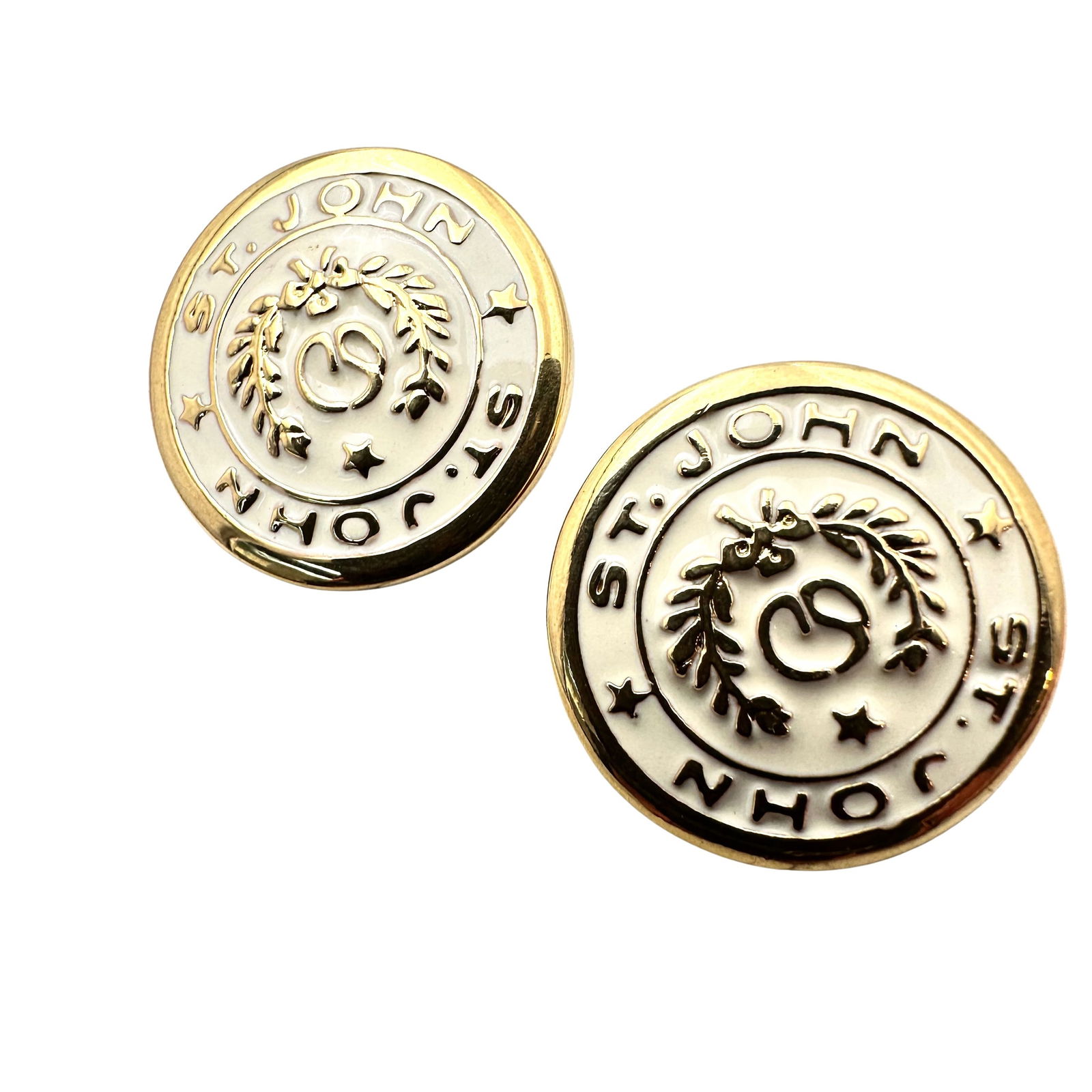 Vintage St. John Logo Gold Tone Off White Enamel Clip Earrings Unworn Condition (1 of 2)