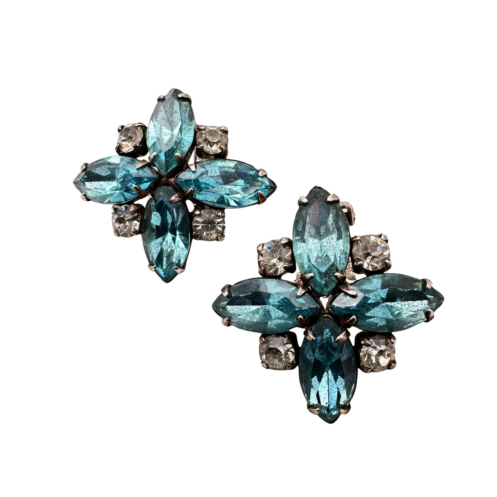 Vintage Blue Clear Czech Glass Silver Tone Clip Earrings (1 of 2)