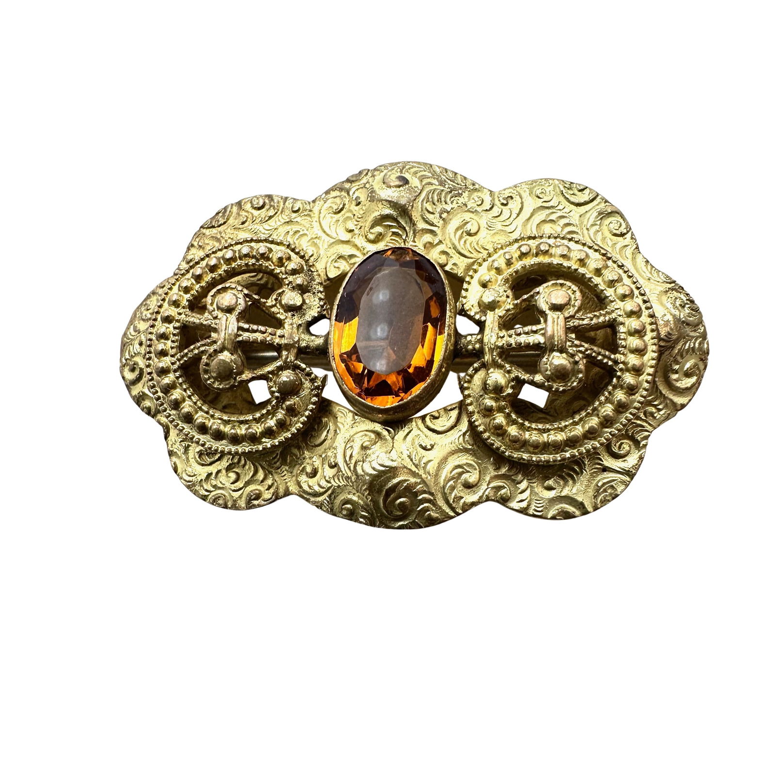 Antique Victorian Amber Colored Glass Rhinestone Gold Tone Brooch Pin C Clasp 1.75 Inch (1 of 2)