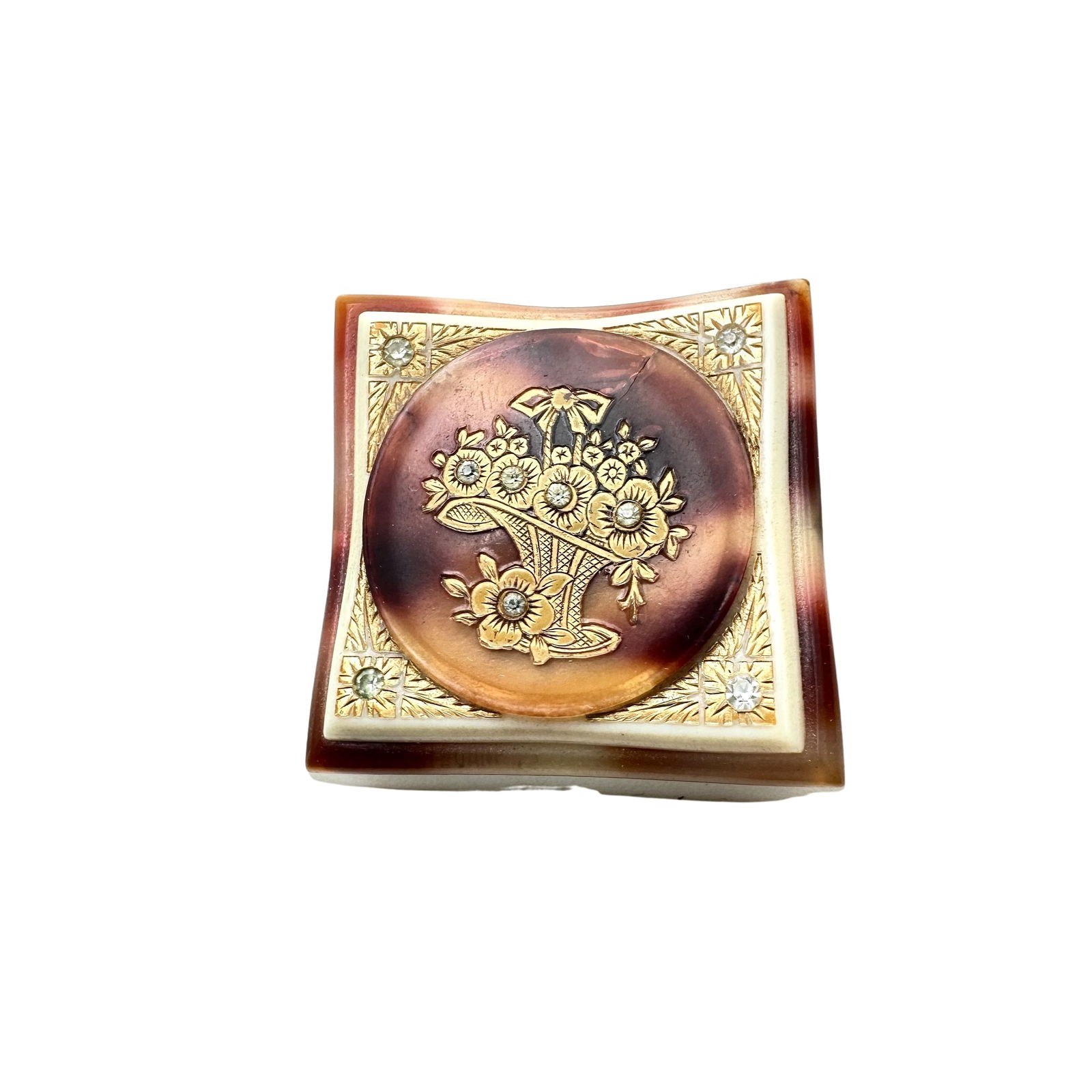 Antique Vintage Early Plastic Tortoise Color Brooch Pin Flower Basket Design 1.5 Inch (1 of 2)