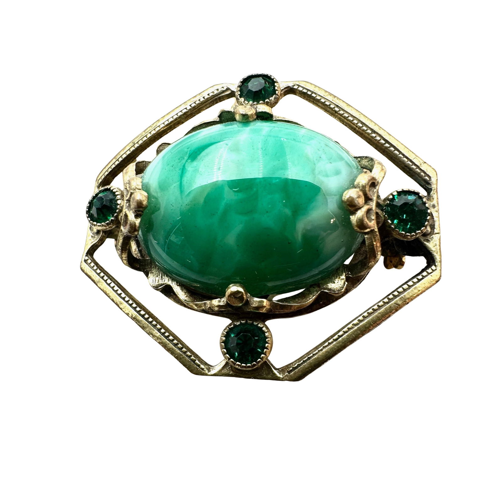 Vintage Green Peking Czech Glass Rhinestone Gold Tone Brooch Pin 1.25 Inch (1 of 2)