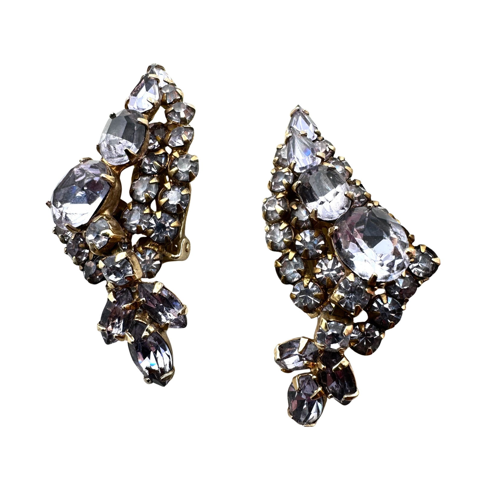 Vintage Kramer Light Purple Glass Rhinestone 2 Inch Gold Tone Clip Earrings (1 of 2)