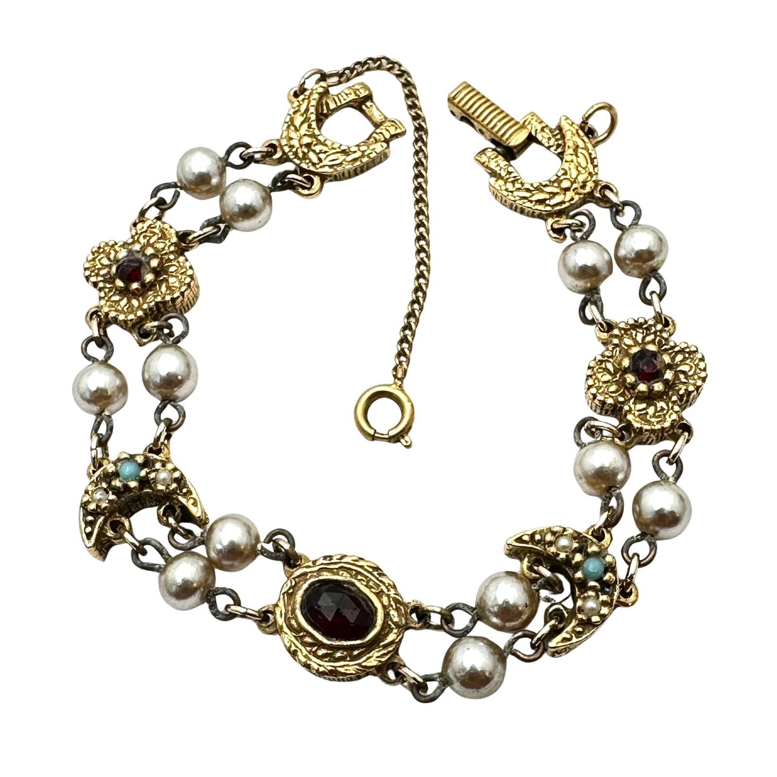 Vintage Goldette Gold Tone Rhinestone Faux Pearl Bracelet 7.5 Inch: Vintage Goldette Gold Tone Rhinestone Faux Pearl Bracelet 7.5 Inch