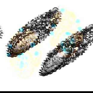 Antique Vintage Czechoslovakia Blue Speckled Glass Antiqued Gold Tone Filigree Screw Back Earrings: Antique Vintage Czechoslovakia Blue Speckled Glass Antiqued Gold Tone Filigree Screw Back Earrings