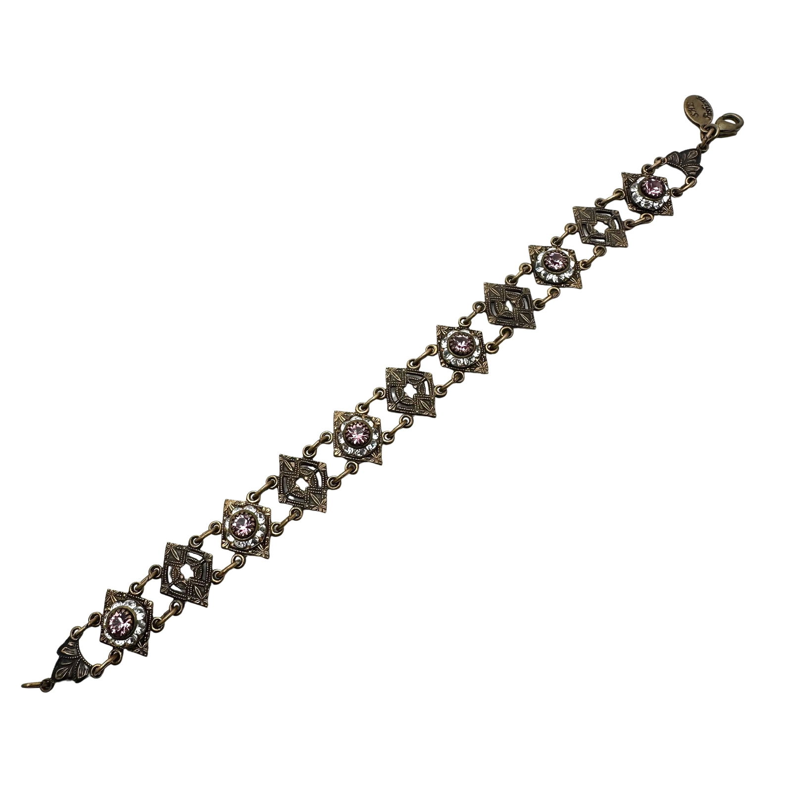 Victorian Revival Antiqued Gold Tone Purple Clear Crystal Bracelet 7 Inch (1 of 2)