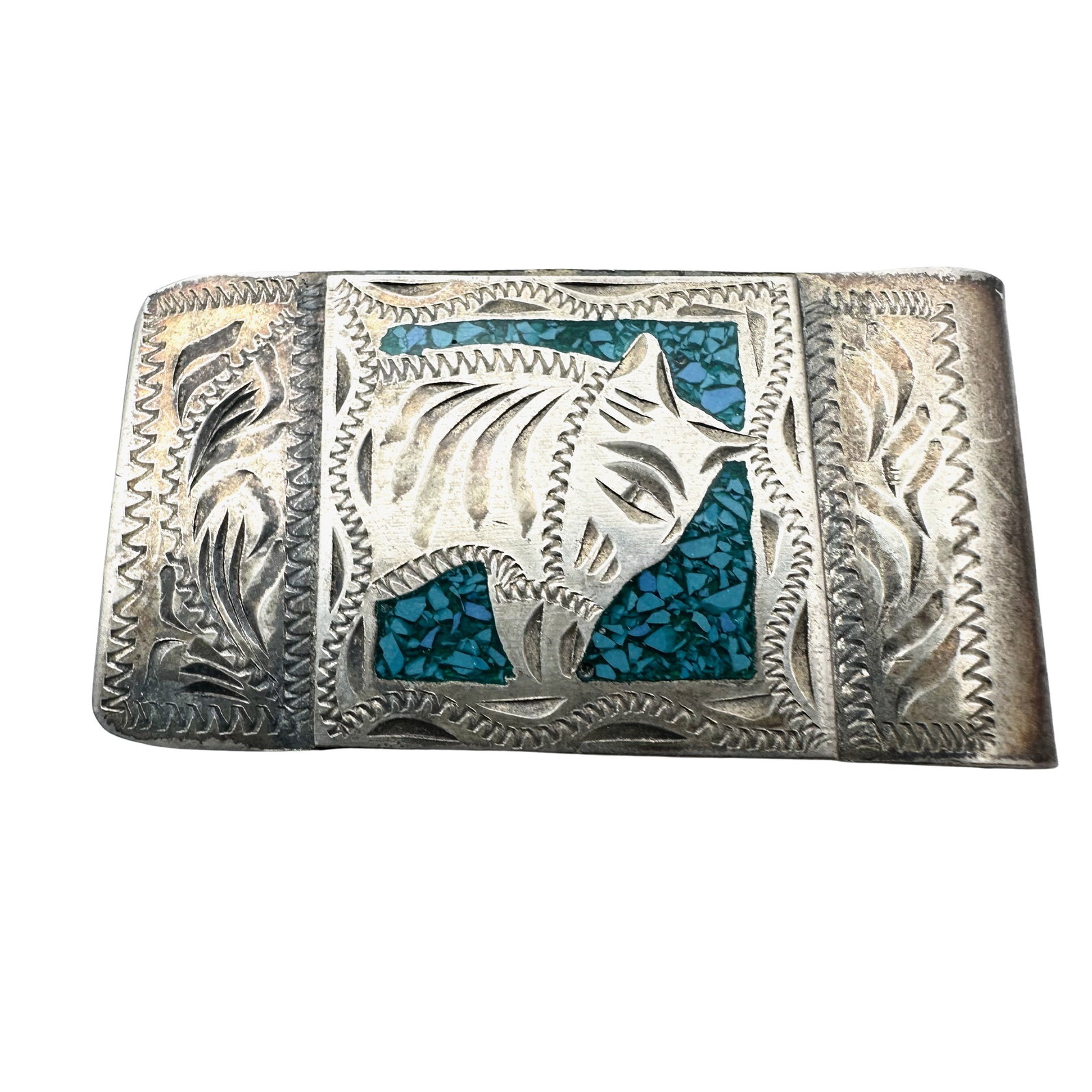 Vintage Alpaca Silver Made in Mexico Inlay Turquoise Horse Donkey Design Money Clip: Vintage Alpaca Silver Made in Mexico Inlay Turquoise Horse Donkey Design Money Clip