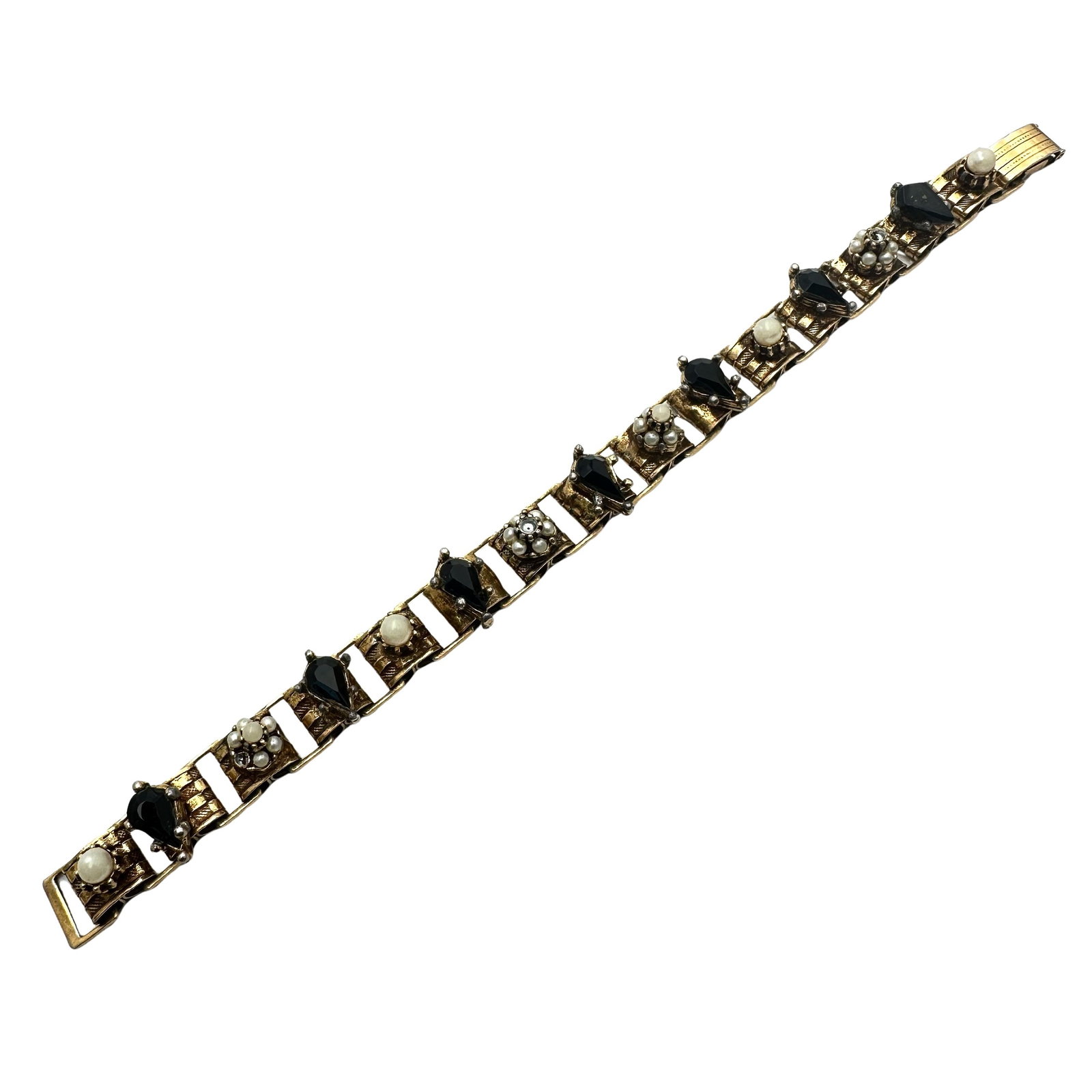 Vintage Red Glass Rhinestone Faux Pearl Gold Tone Book Chain Bracelet 7 Inch: Vintage Red Glass Rhinestone Faux Pearl Gold Tone Book Chain Bracelet 7 Inch