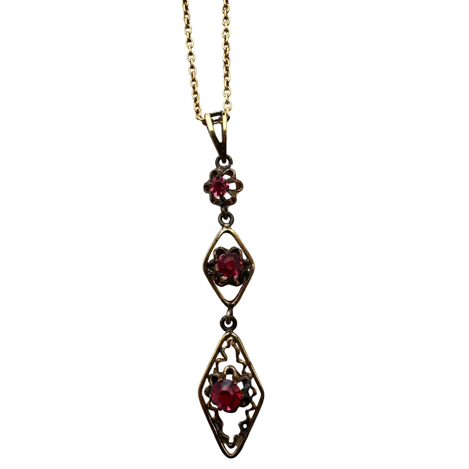 Vintage Gold Filled Red Rhinestone Lavalier Pendant Necklace 15 Inch Chain: Vintage Gold Filled Red Rhinestone Lavalier Pendant Necklace 15 Inch Chain