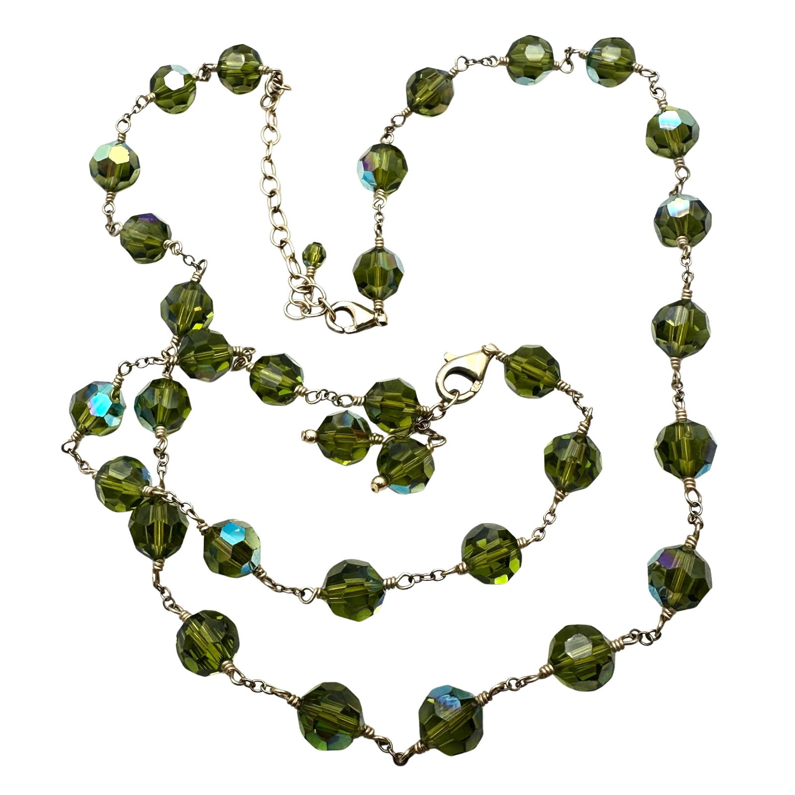 Vintage Olive Green Crystal Bead Gold Filled 16 Inch Necklace 7 Inch Bracelet Set (1 of 2)