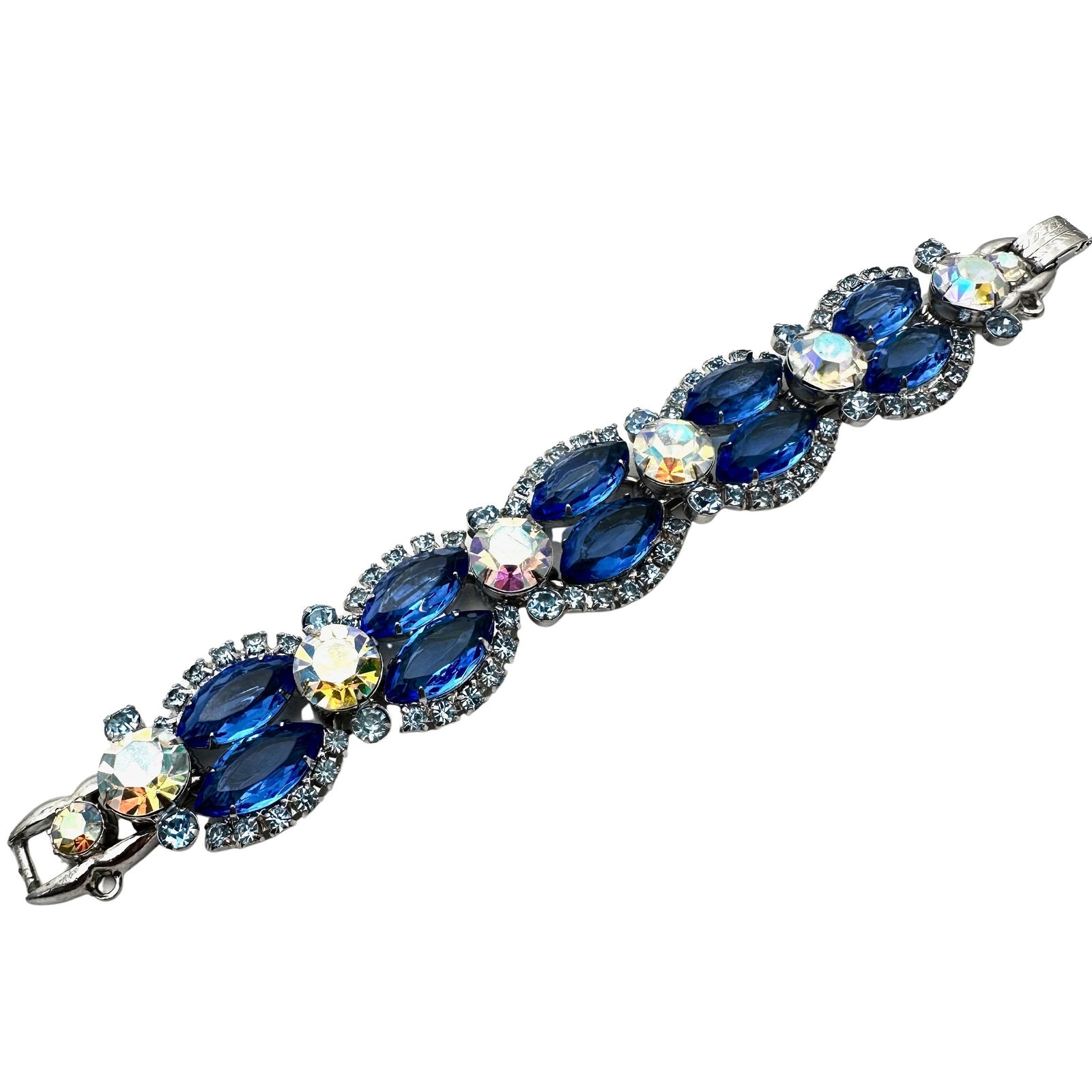 Vintage Juliana Blue Glass Rhinestone Aurora Borealis Silver Tone Five Link Bracelet 7.25 Inch (1 of 2)