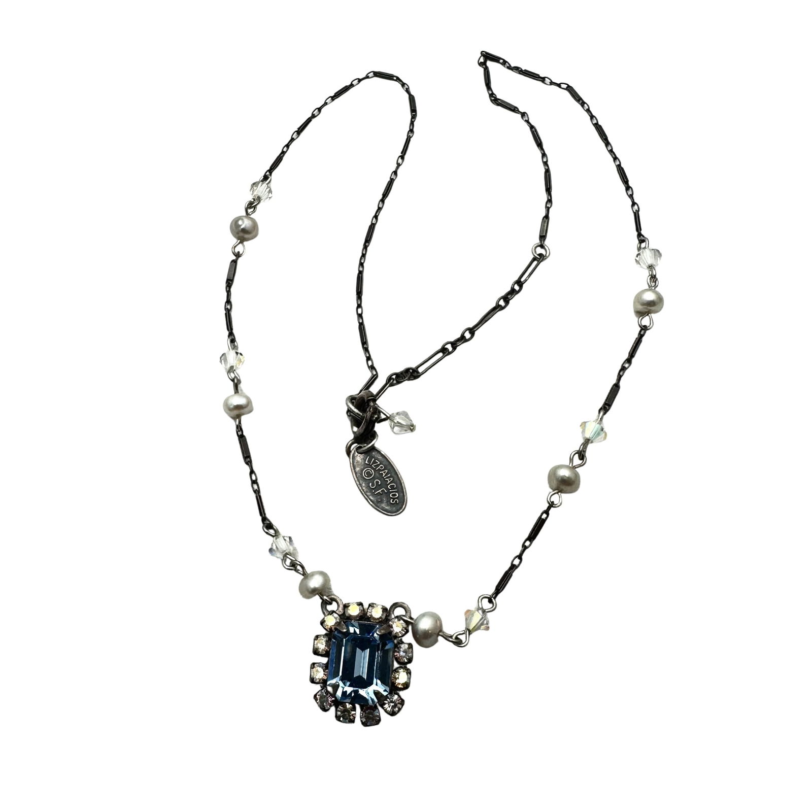 Liz Paiacios Silver Tone Blue Crystal Pendant Necklace 16 Inch Chain (1 of 2)