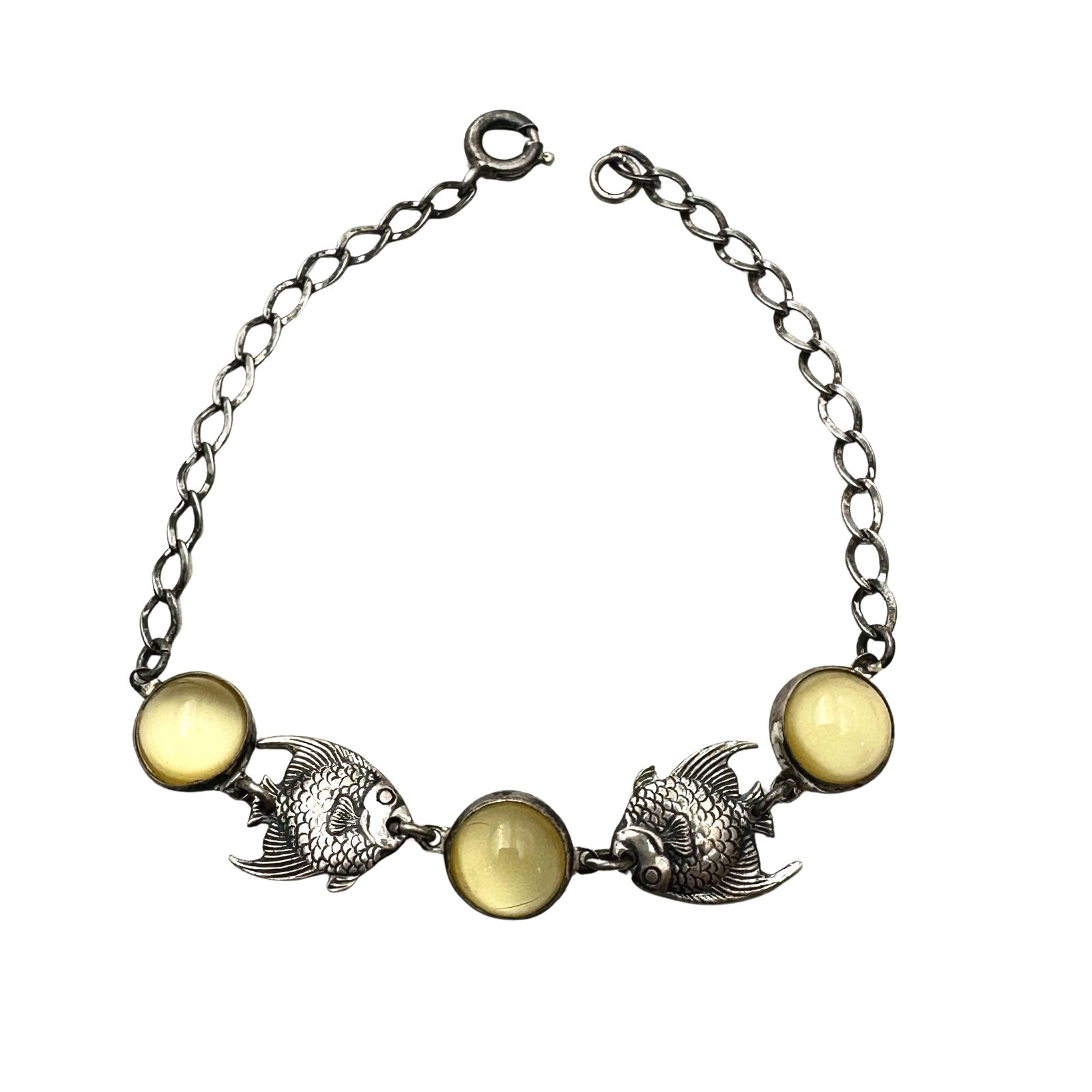 Vintage Sterling Silver Fish Yellow Cats Eye Glass Bracelet 7 Inch: Vintage Sterling Silver Fish Yellow Cats Eye Glass Bracelet 7 Inch