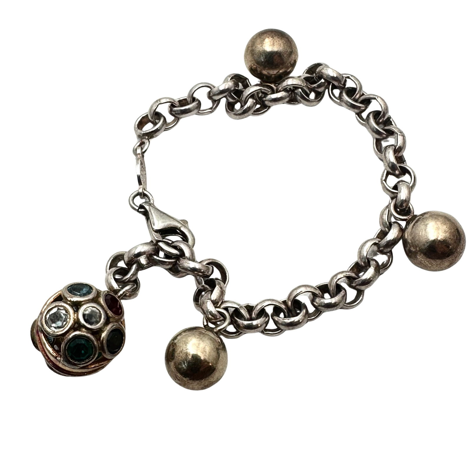 Vintage Anubi Sterling Silver Bracelet Sterling Beads Sterling Crystal Charm Ball 7.5 Inch 22 Grams (1 of 2)