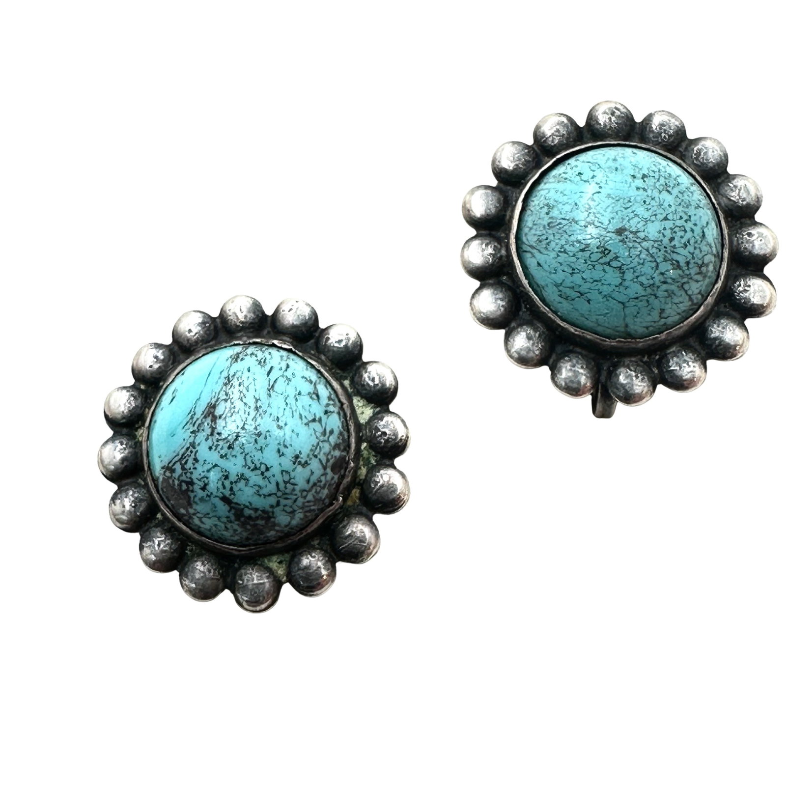 Antique Vintage Sterling Silver Blue Speckled Czech Glass Screw Back Earrings: Antique Vintage Sterling Silver Blue Speckled Czech Glass Screw Back Earrings