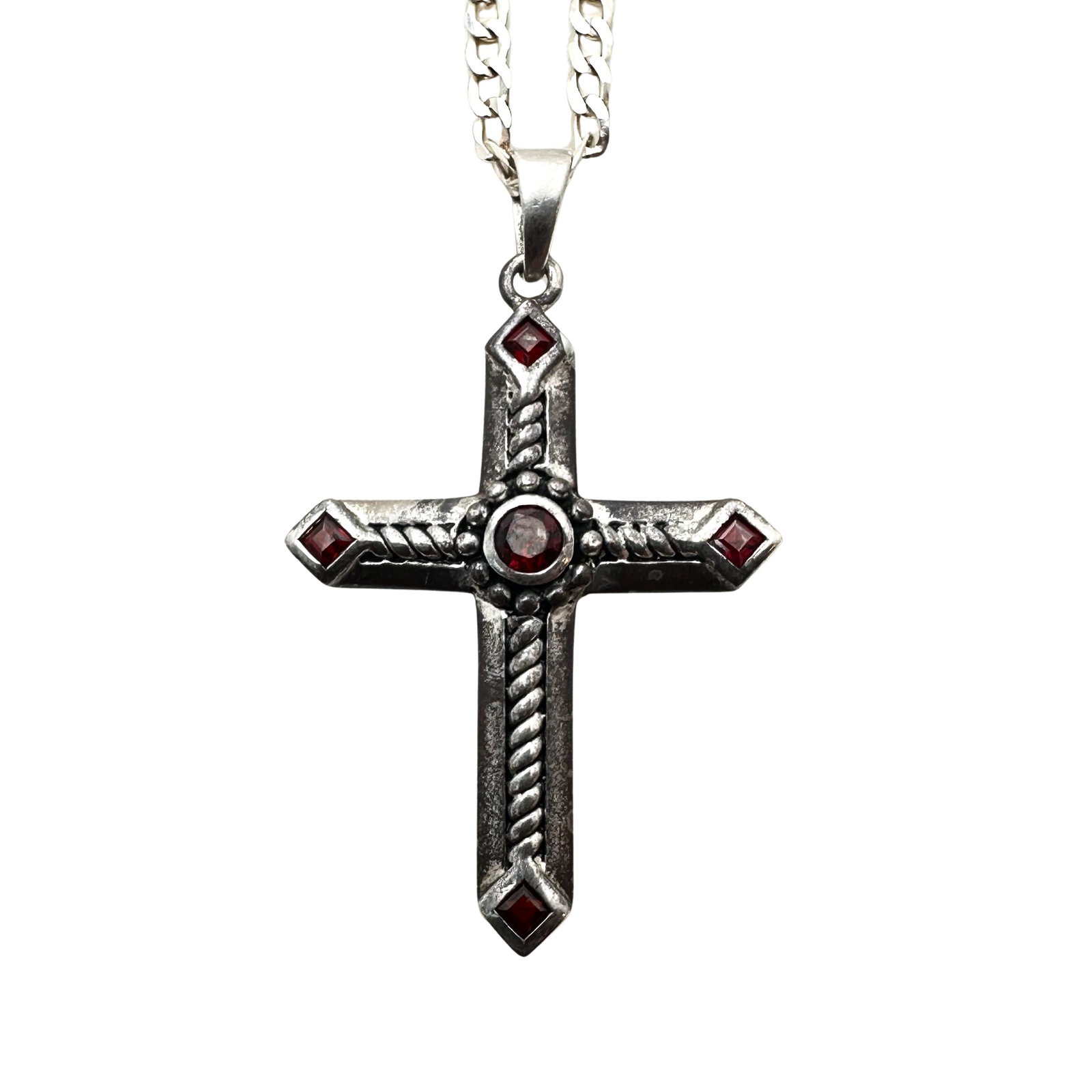 Vintage Sterling Silver Garnet Cross Pendant Necklace 18 Inch Chain 11 Grams: Vintage Sterling Silver Garnet Cross Pendant Necklace 18 Inch Chain 11 Grams
