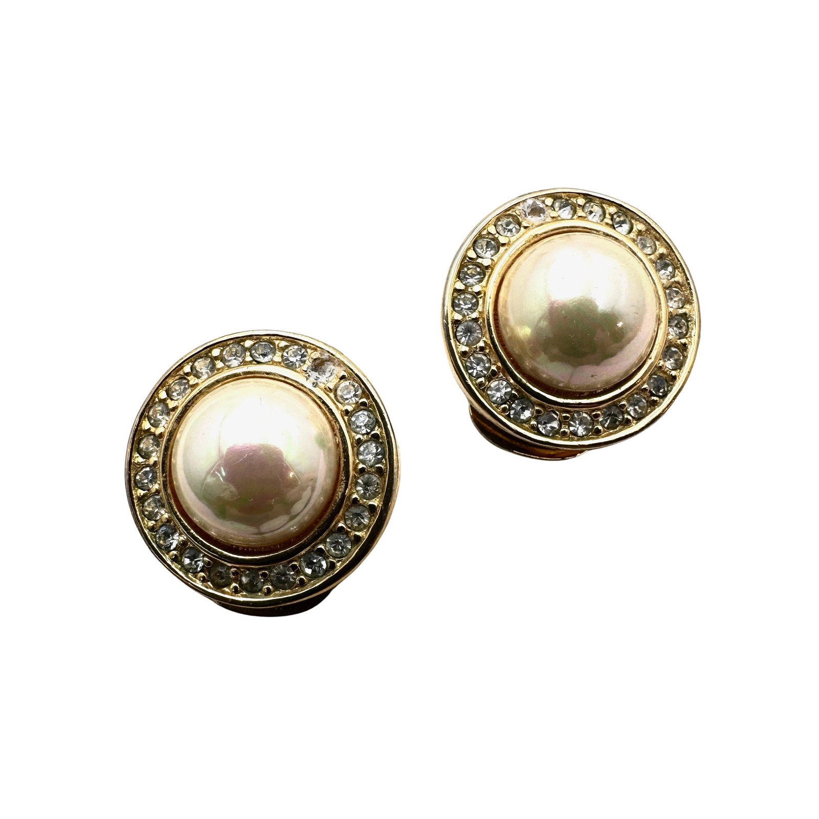 Vintage Christian Dior Faux Pearl Clear Crystal Gold Tone Clip Earrings: Vintage Christian Dior Faux Pearl Clear Crystal Gold Tone Clip Earrings