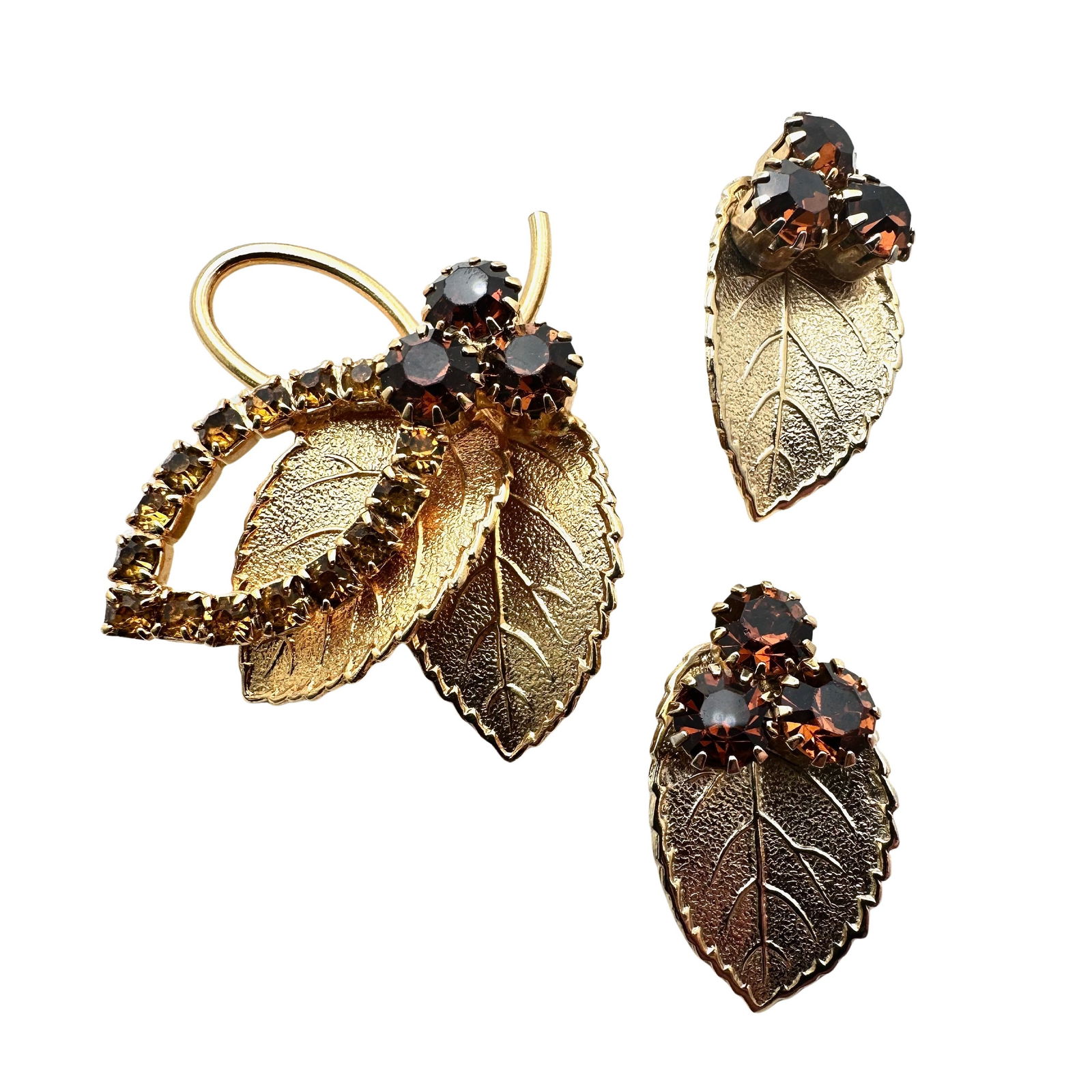 Vintage Judy Lee Amber Colored Glass Rhinestone Brooch Pin Clip Earrings Set (1 of 2)