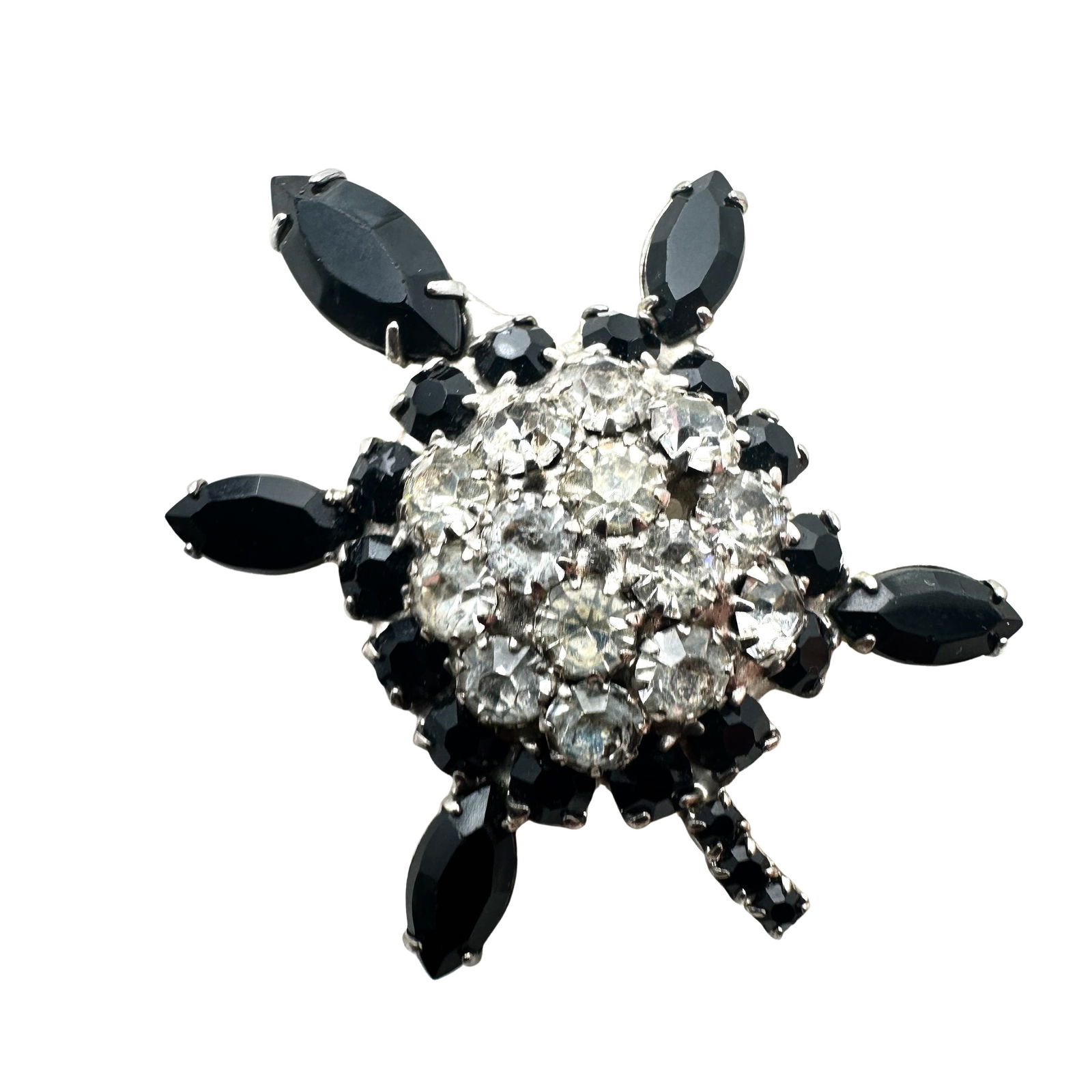 Vintage Black White Glass Rhinestone Silver Tone Turtle Brooch Pin 2 Inch (1 of 2)
