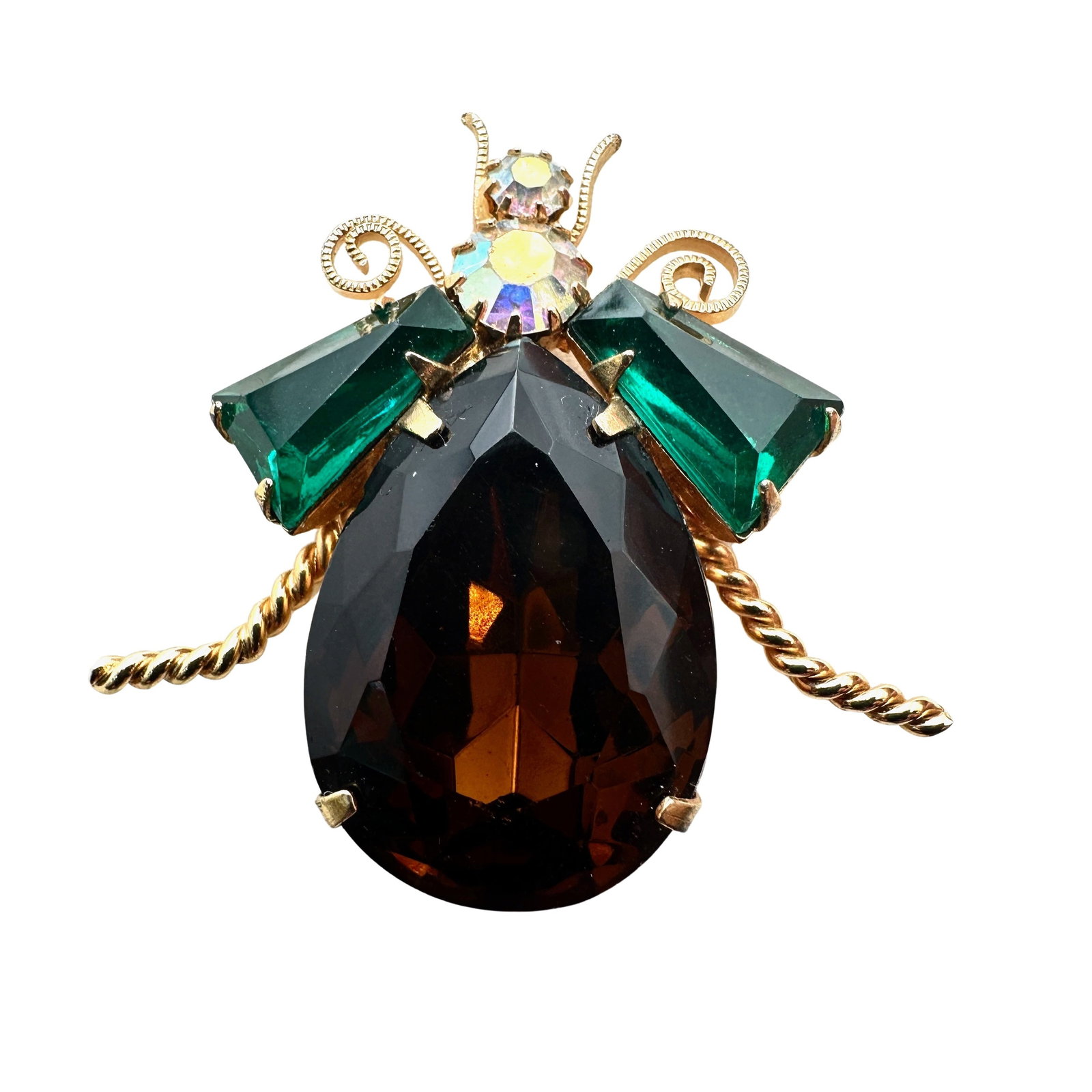 Vintage Juliana Green Aurora Borealis Amber Glass Rhinestone Gold Tone Bug Brooch Pin 1.5 Inch: Vintage Juliana Green Aurora Borealis Amber Glass Rhinestone Gold Tone Bug Brooch Pin 1.5 Inch