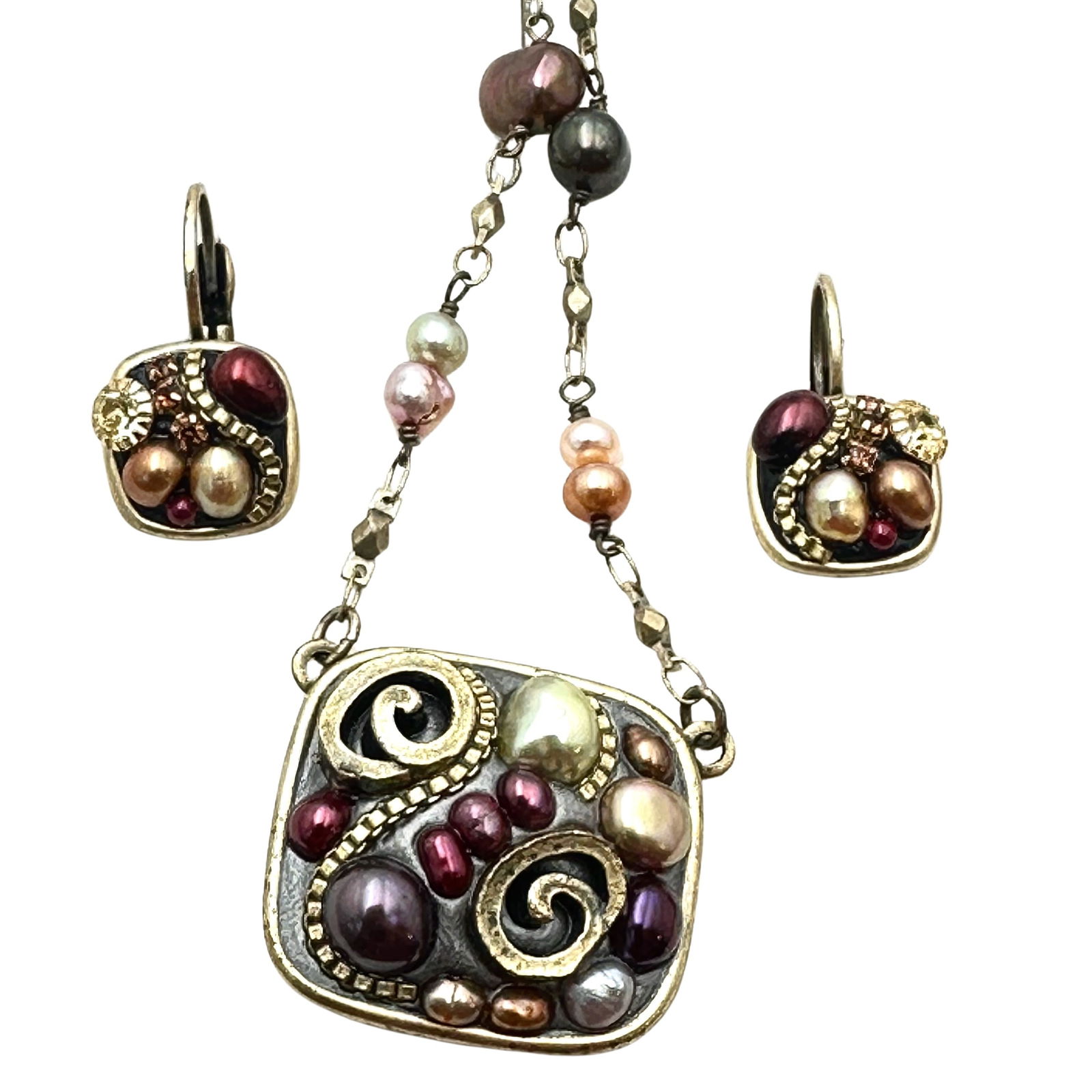 Vintage Artisan Michal Golan Multicolor Pearl Gold Tone 18 Inch Necklace Pierced Earrings Set: Vintage Artisan Michal Golan Multicolor Pearl Gold Tone 18 Inch Necklace Pierced Earrings Set